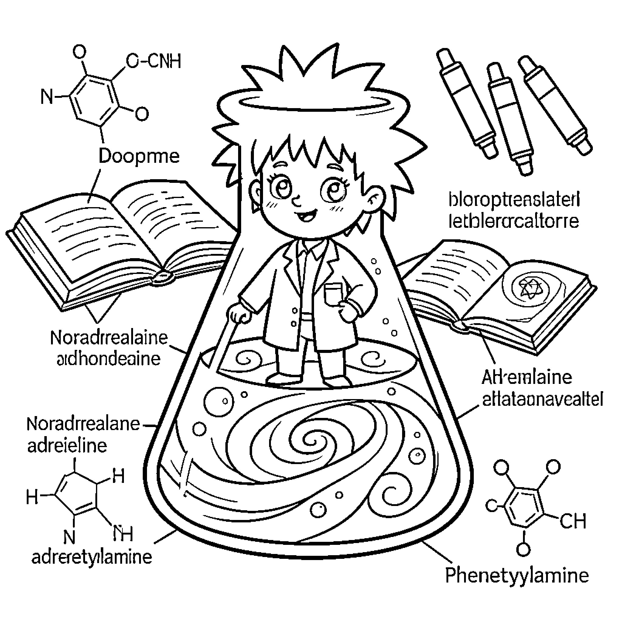Scientist conducts experiments with various chemical compounds Coloring Page (free black-and-white line drawing printable PDF for all, from beginners to advanced learners, including children, teens, adults, and seniors)