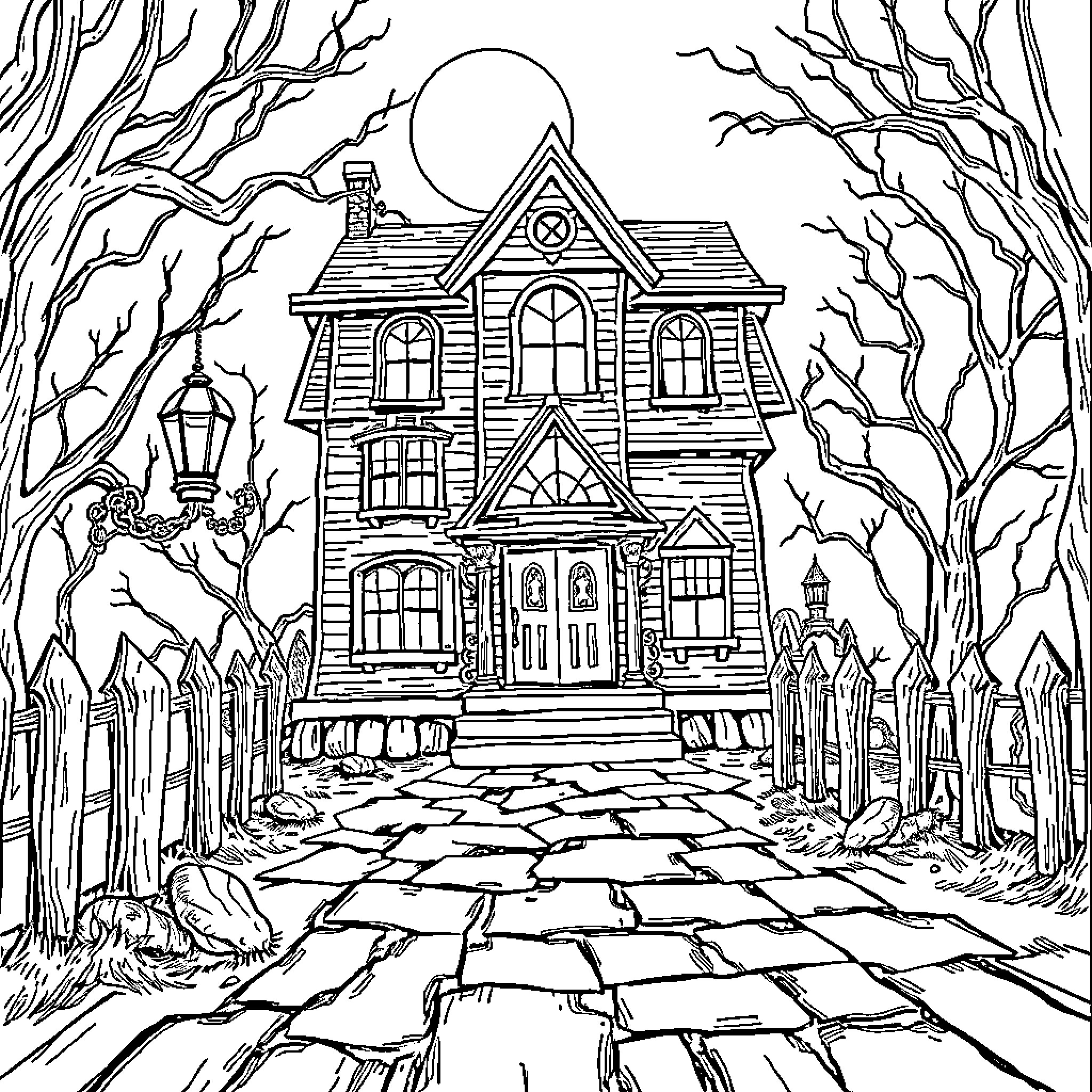 Haunted House with Eerie Atmosphere and Creepy Trees Coloring Page (free black-and-white line drawing printable PDF for all, from beginners to advanced learners, including children, teens, adults, and seniors)