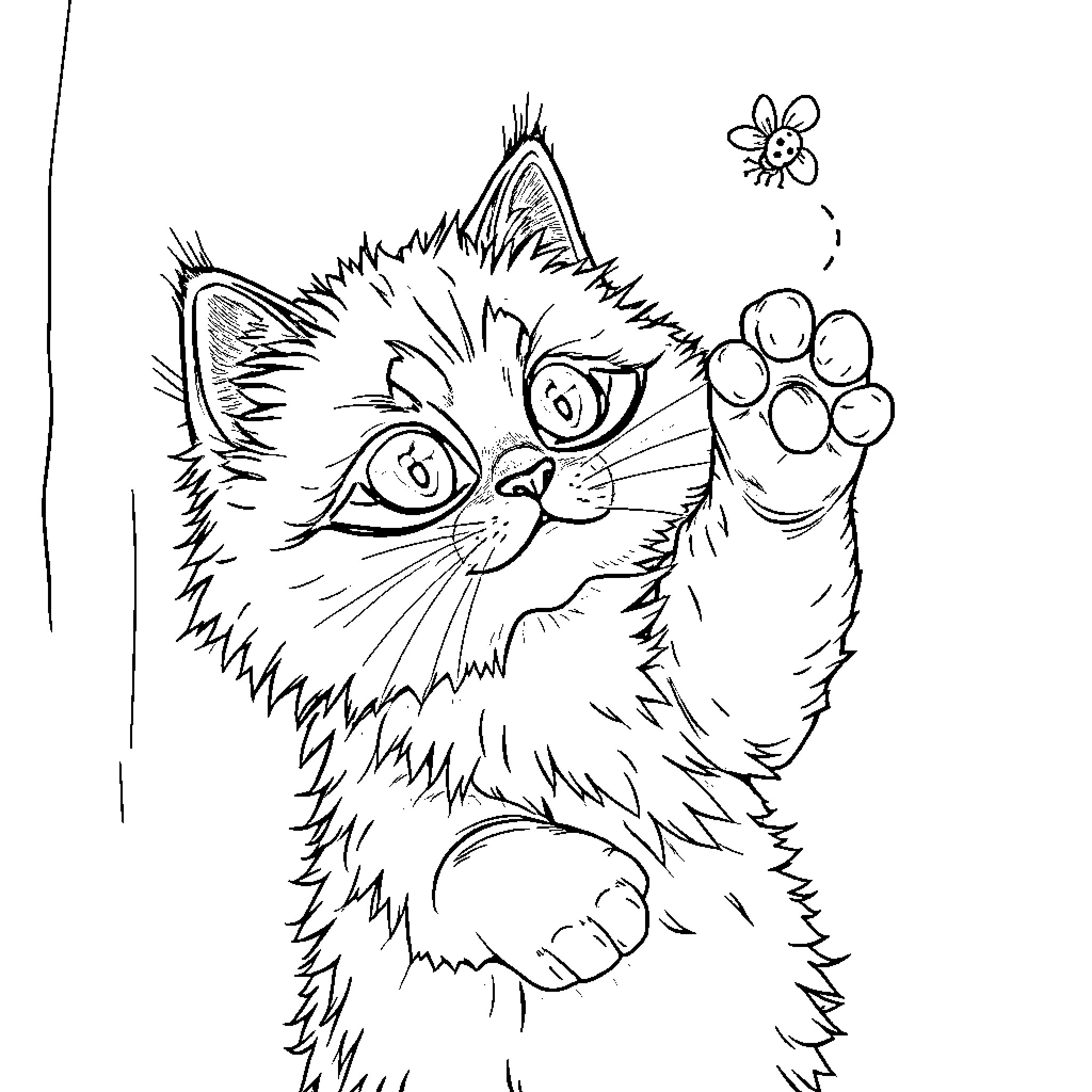 Ragdoll Cat chasing butterflies in the garden Coloring Page (free black-and-white line drawing printable PDF for all, from beginners to advanced learners, including children, teens, adults, and seniors)