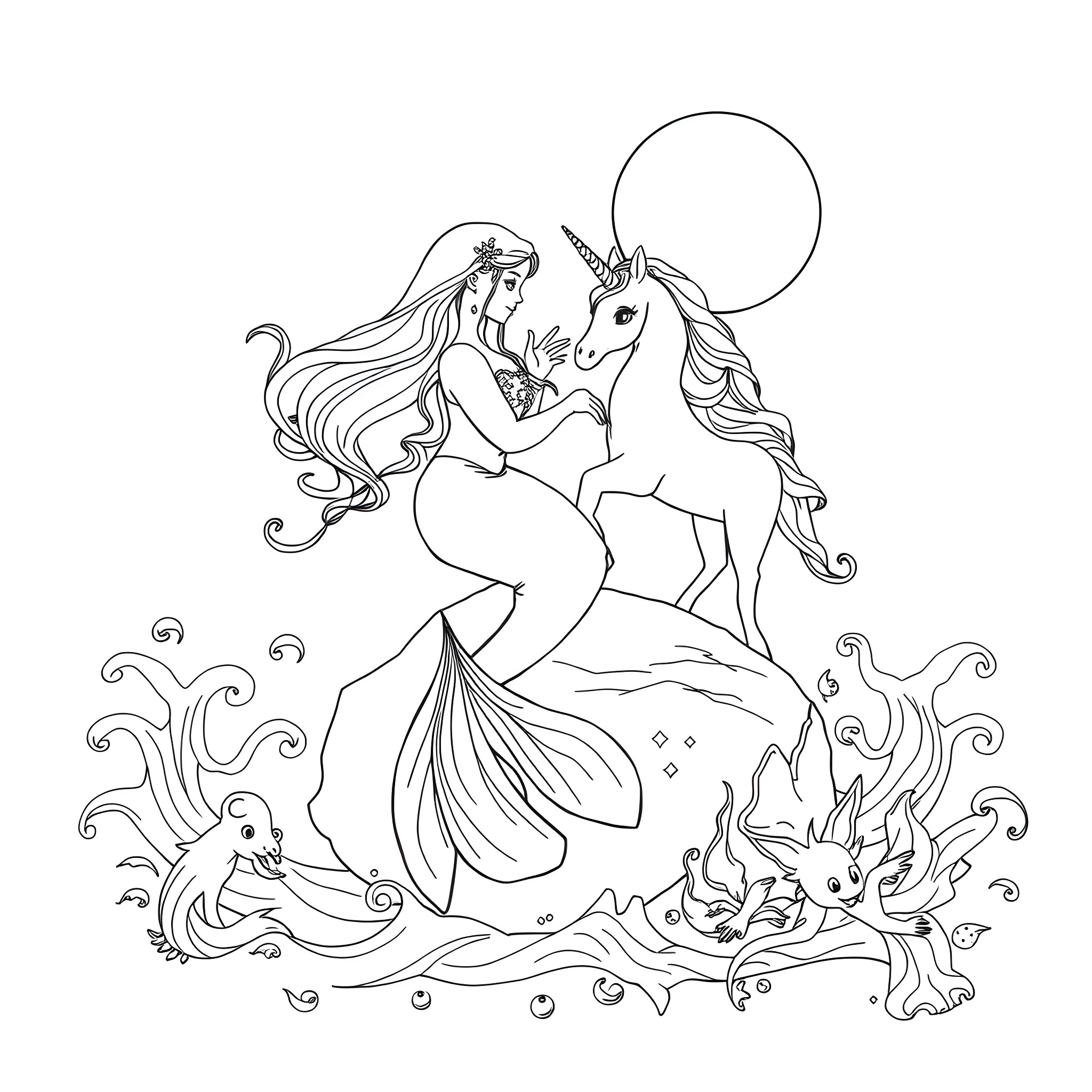 Mermaid riding a magical unicorn in the sea Coloring Page (free black-and-white line drawing printable PDF for all, from beginners to advanced learners, including children, teens, adults, and seniors)