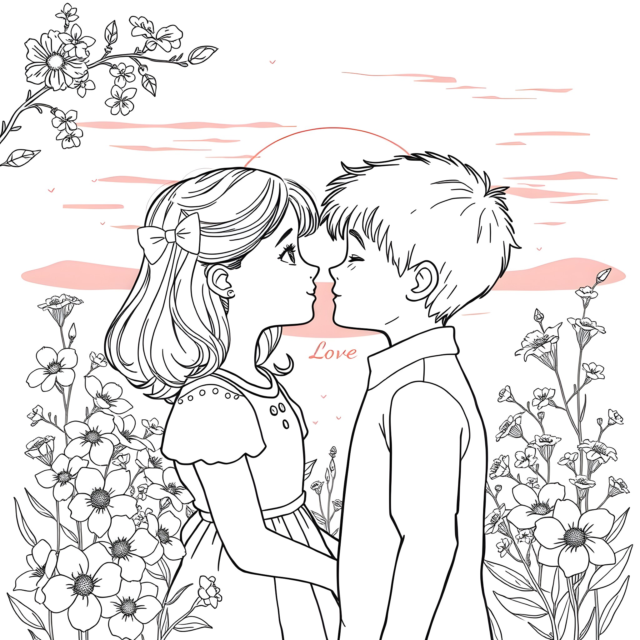Girl and boy in loving embrace among flowers Coloring Page (free black-and-white line drawing printable PDF for all, from beginners to advanced learners, including children, teens, adults, and seniors)