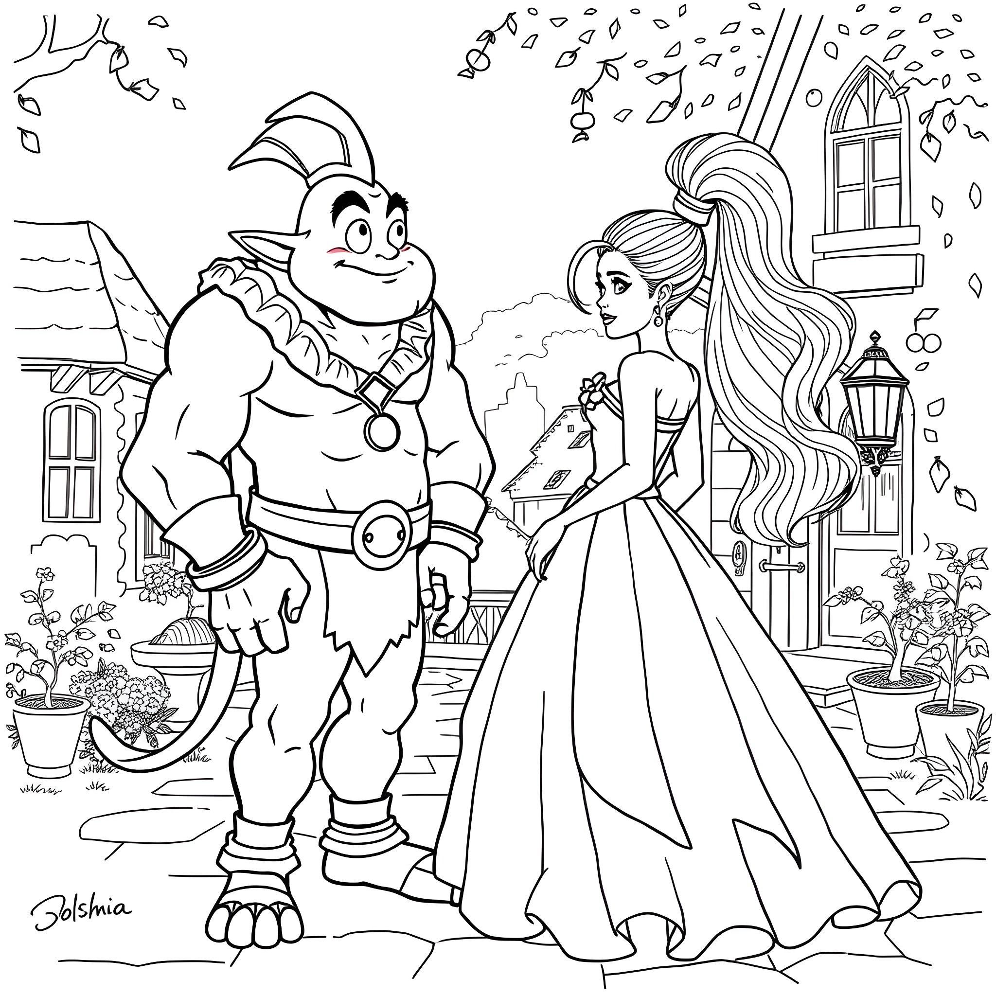 Ariana Grande in an enchanting fairy tale scene Coloring Page (free black-and-white line drawing printable PDF for all, from beginners to advanced learners, including children, teens, adults, and seniors)