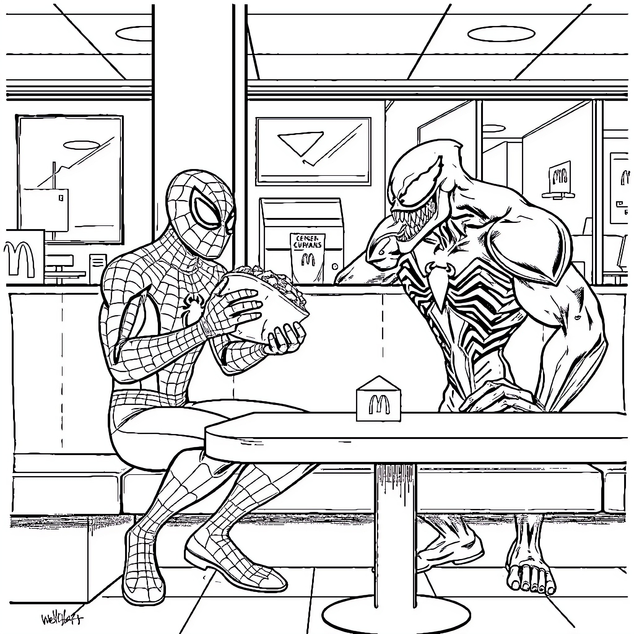 Spiderman vs. Venom: Superhero Showdown Coloring Page (free black-and-white line drawing printable PDF for all, from beginners to advanced learners, including children, teens, adults, and seniors)