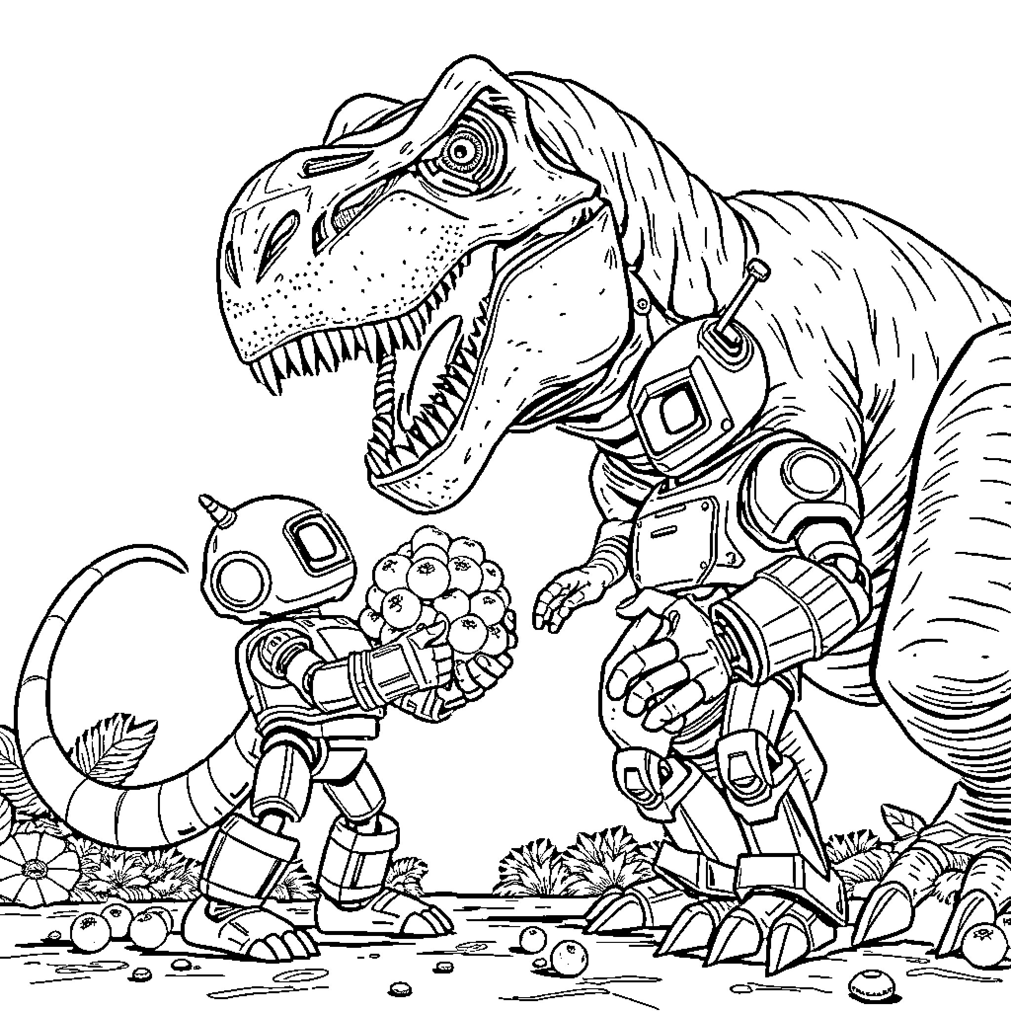 T-Rex and Robot Dinosaur Friends in Action Coloring Page (free black-and-white line drawing printable PDF for all, from beginners to advanced learners, including children, teens, adults, and seniors)