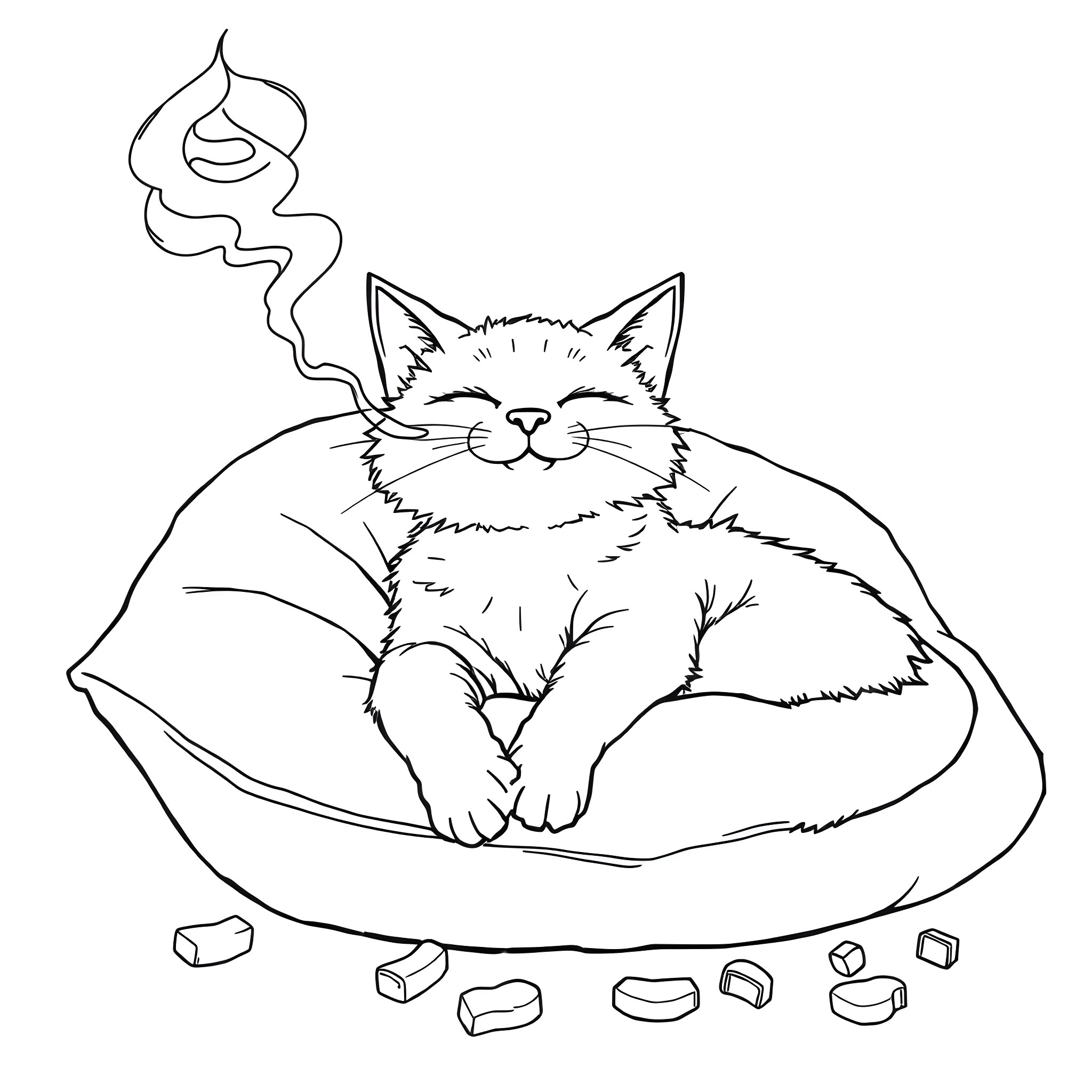 Cat relaxing on a pillow with treats Coloring Page (free black-and-white line drawing printable PDF for all, from beginners to advanced learners, including children, teens, adults, and seniors)