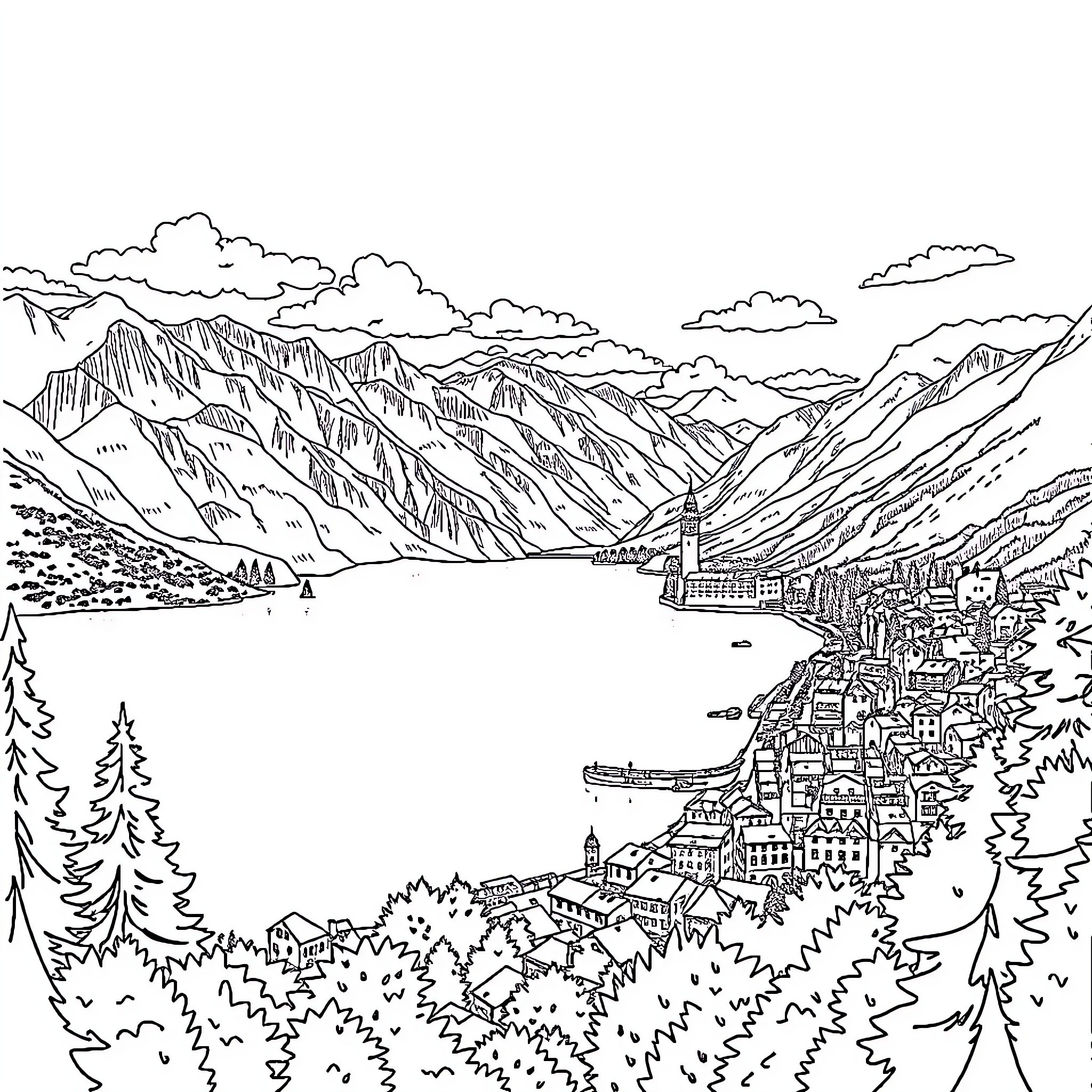 Lake in the Majestic Mountain Landscape Coloring Page (free black-and-white line drawing printable PDF for all, from beginners to advanced learners, including children, teens, adults, and seniors)