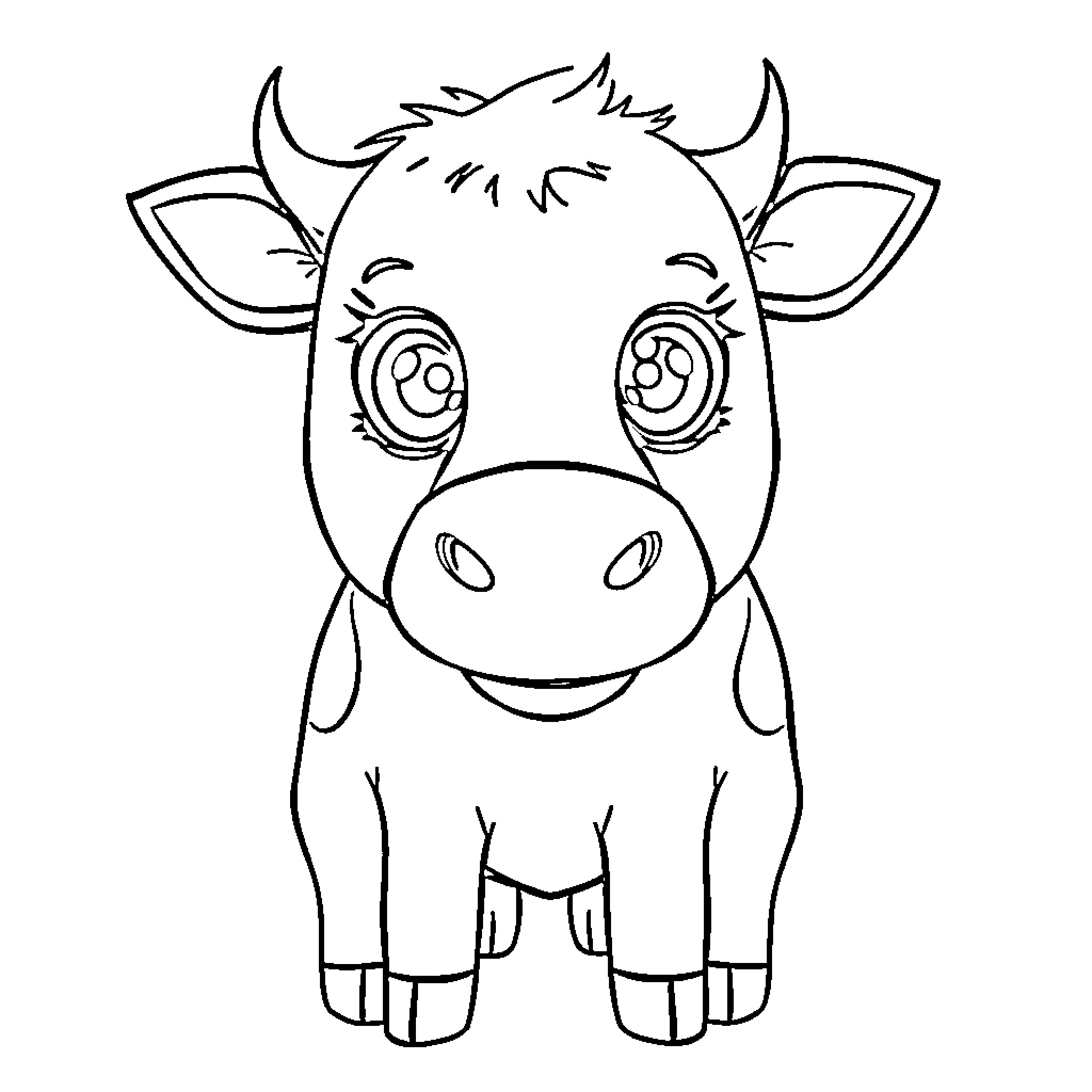 Cow with adorable expression Coloring Page (free black-and-white line drawing printable PDF for all, from beginners to advanced learners, including children, teens, adults, and seniors)