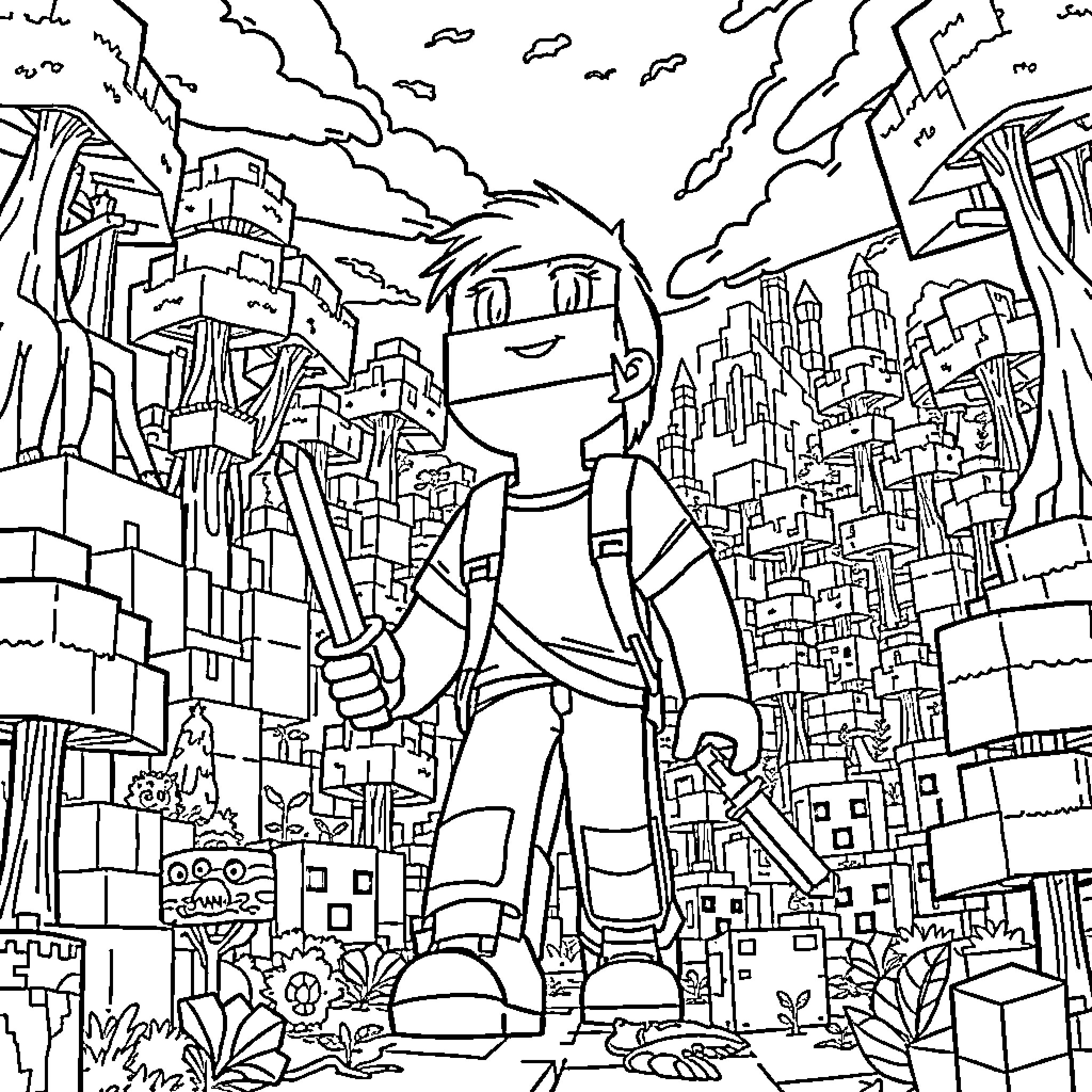 Boy exploring the intricate cityscape Coloring Page (free black-and-white line drawing printable PDF for all, from beginners to advanced learners, including children, teens, adults, and seniors)