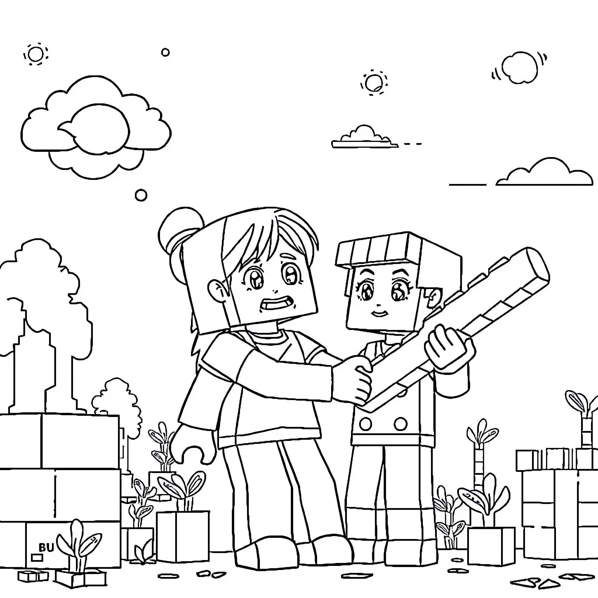 Minecraft Girl playing with Minecraft Boy in Outdoor Scene Coloring Page (free black-and-white line drawing printable PDF for all, from beginners to advanced learners, including children, teens, adults, and seniors)