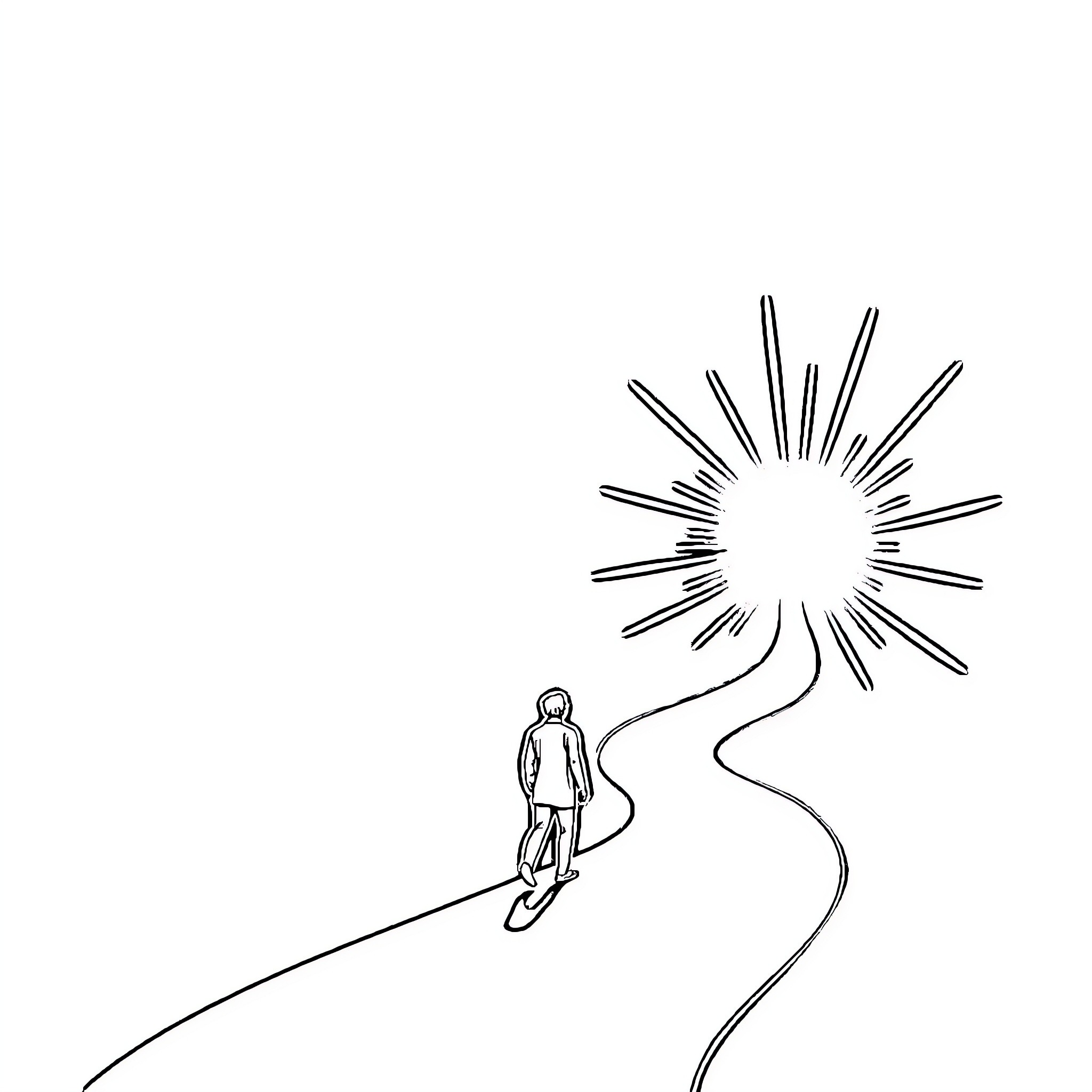 Person walking along path towards radiant light Coloring Page (free black-and-white line drawing printable PDF for all, from beginners to advanced learners, including children, teens, adults, and seniors)