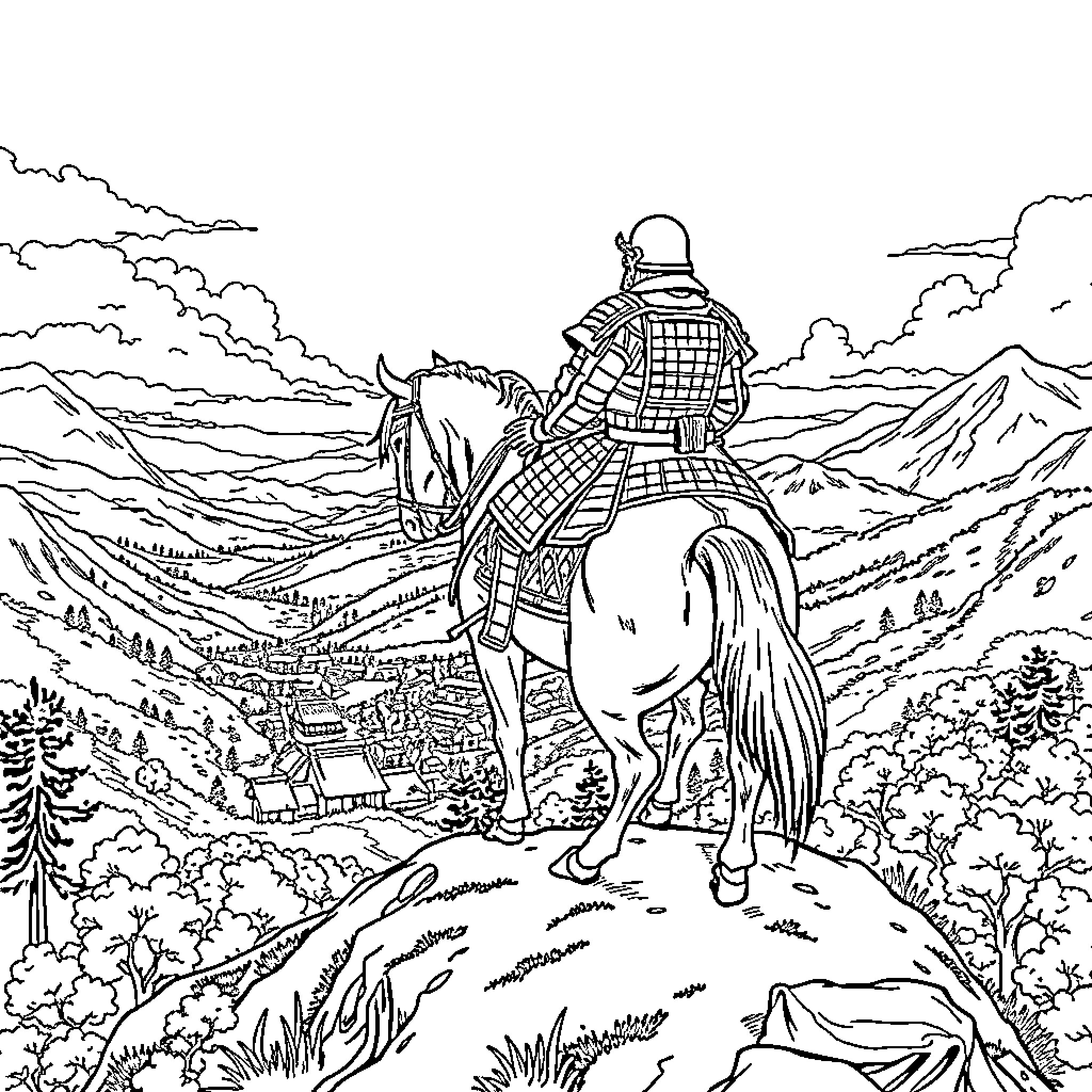 Samurai Warrior Overlooking Mountainous Landscape Coloring Page (free black-and-white line drawing printable PDF for all, from beginners to advanced learners, including children, teens, adults, and seniors)
