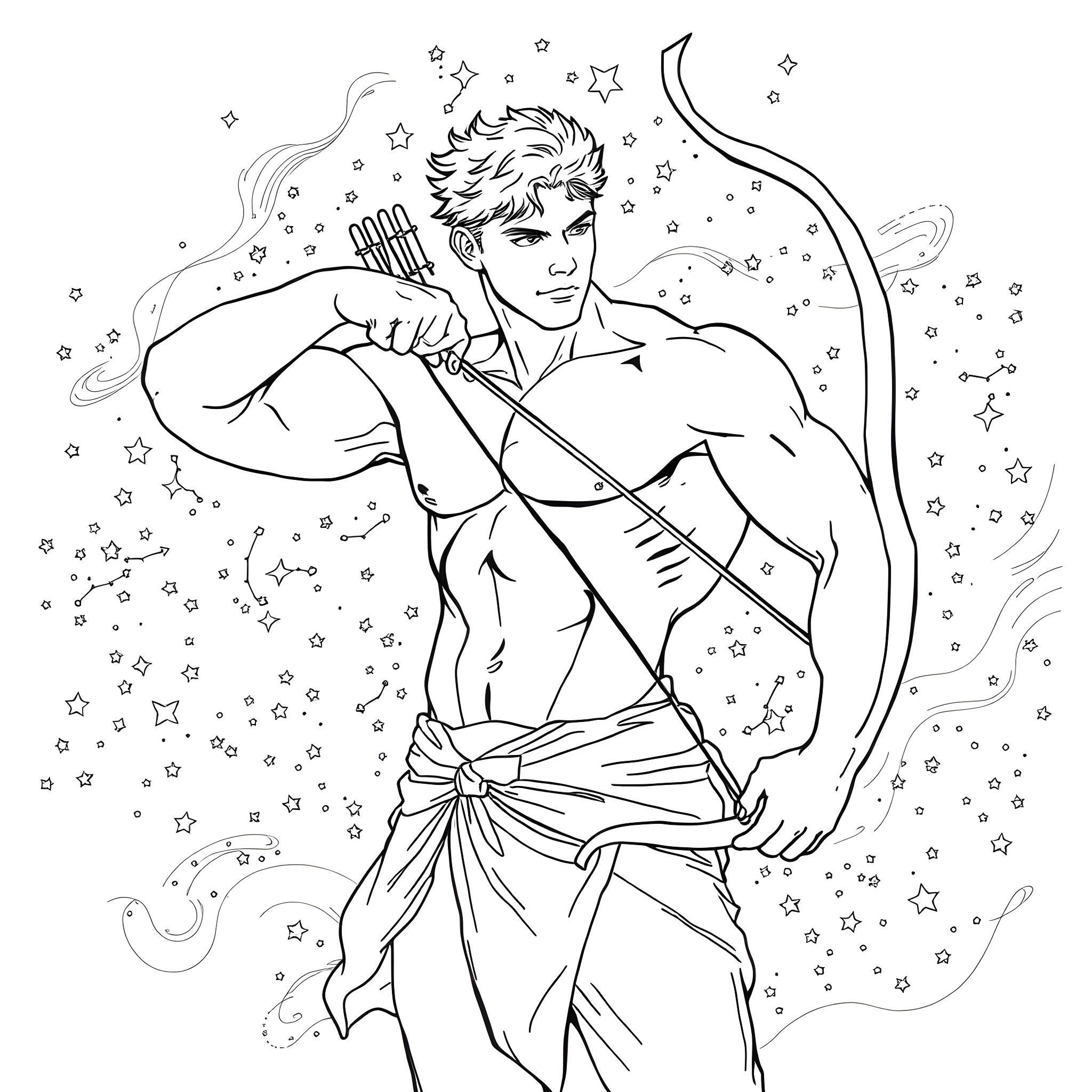 Archer aiming at the starry night sky Coloring Page (free black-and-white line drawing printable PDF for all, from beginners to advanced learners, including children, teens, adults, and seniors)