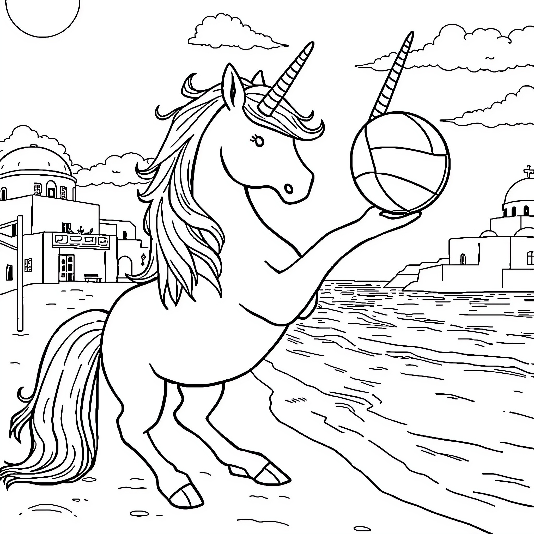 Unicorn playing with a beach ball by the sea Coloring Page (free black-and-white line drawing printable PDF for all, from beginners to advanced learners, including children, teens, adults, and seniors)