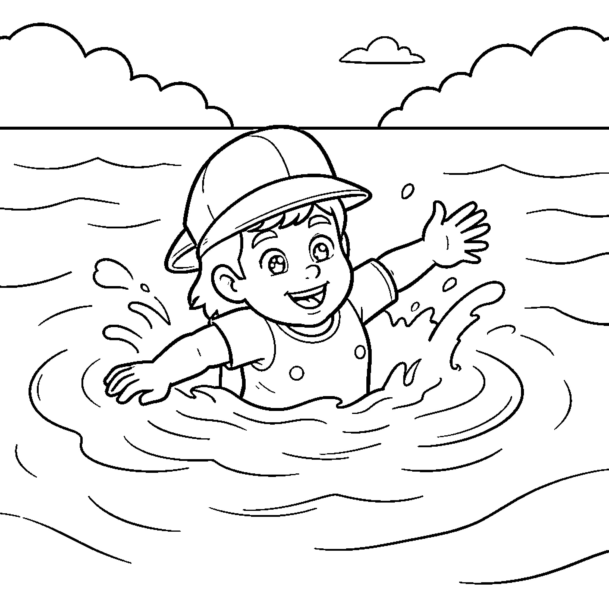 Patrouille d'un enfant joyeux jouant dans l'eau Coloring Page (free black-and-white line drawing printable PDF for all, from beginners to advanced learners, including children, teens, adults, and seniors)
