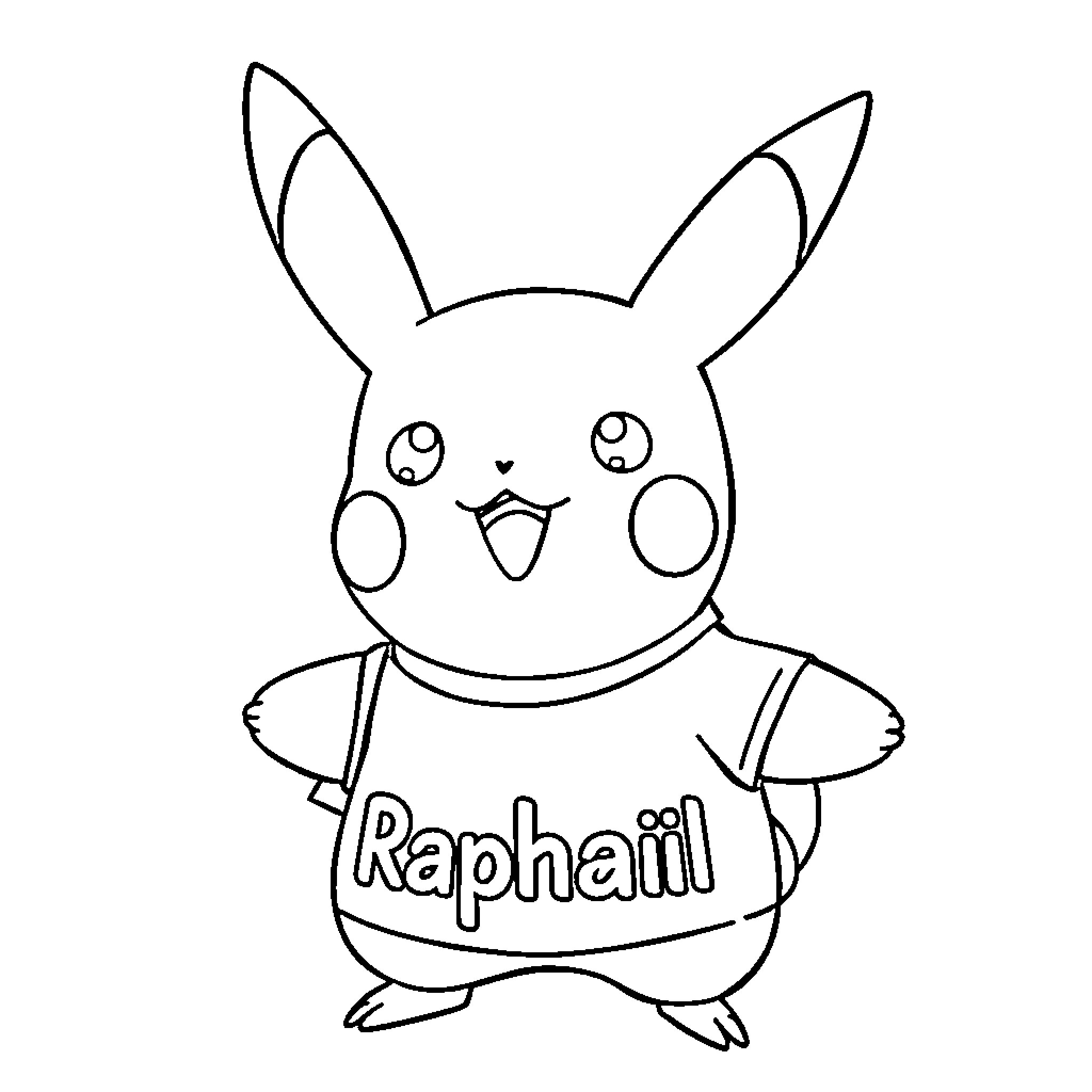 Pikachu wearing Raphail shirt Coloring Page (free black-and-white line drawing printable PDF for all, from beginners to advanced learners, including children, teens, adults, and seniors)