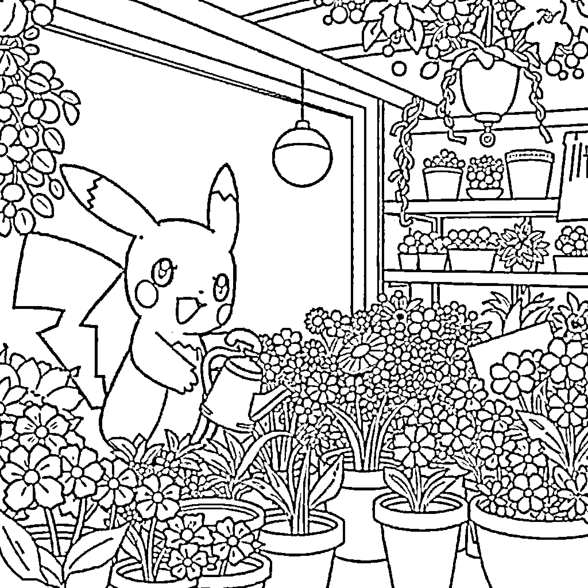 Pokémon enjoying a blooming indoor garden Coloring Page (free black-and-white line drawing printable PDF for all, from beginners to advanced learners, including children, teens, adults, and seniors)