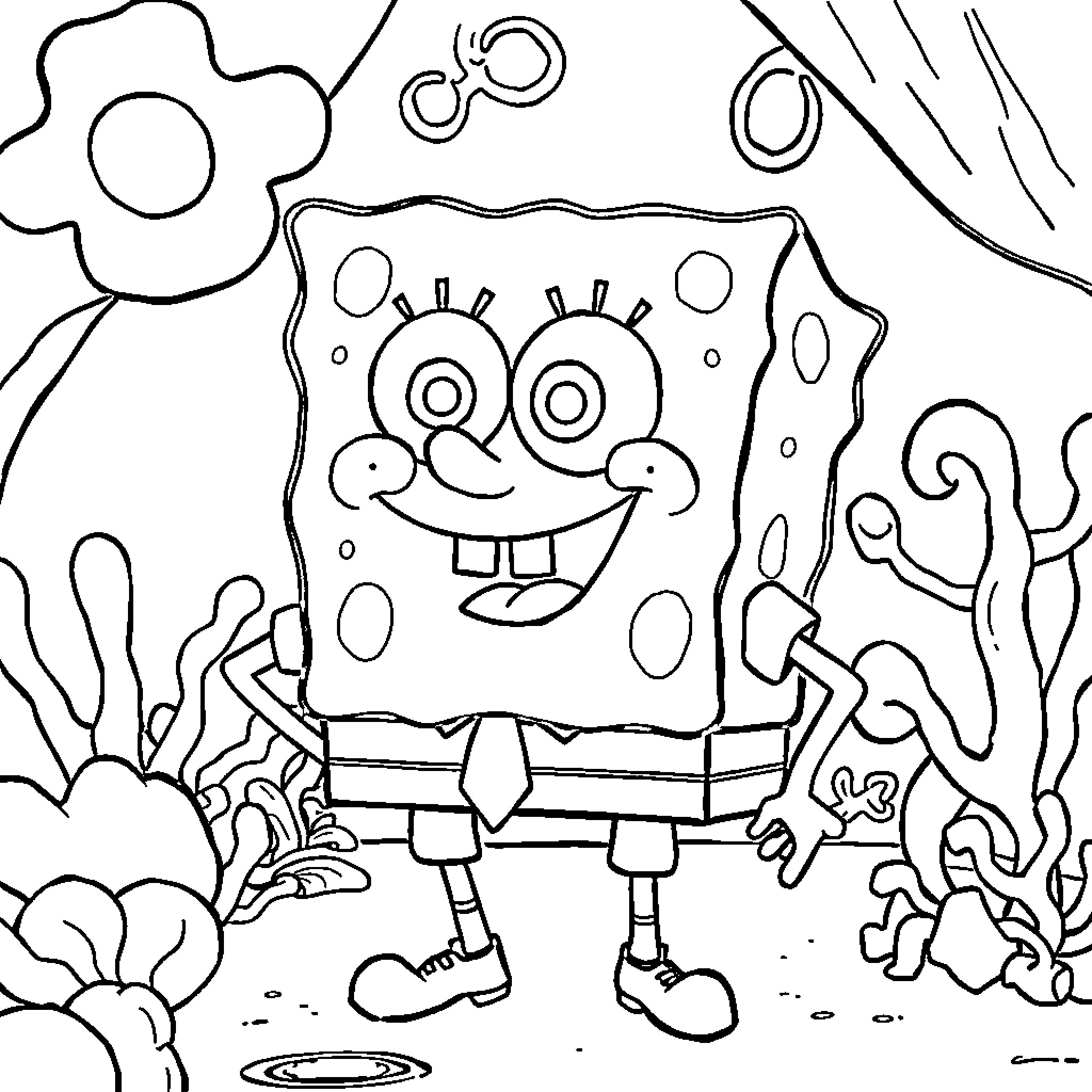 Spongebob smiling happily in the underwater scene Coloring Page (free black-and-white line drawing printable PDF for all, from beginners to advanced learners, including children, teens, adults, and seniors)
