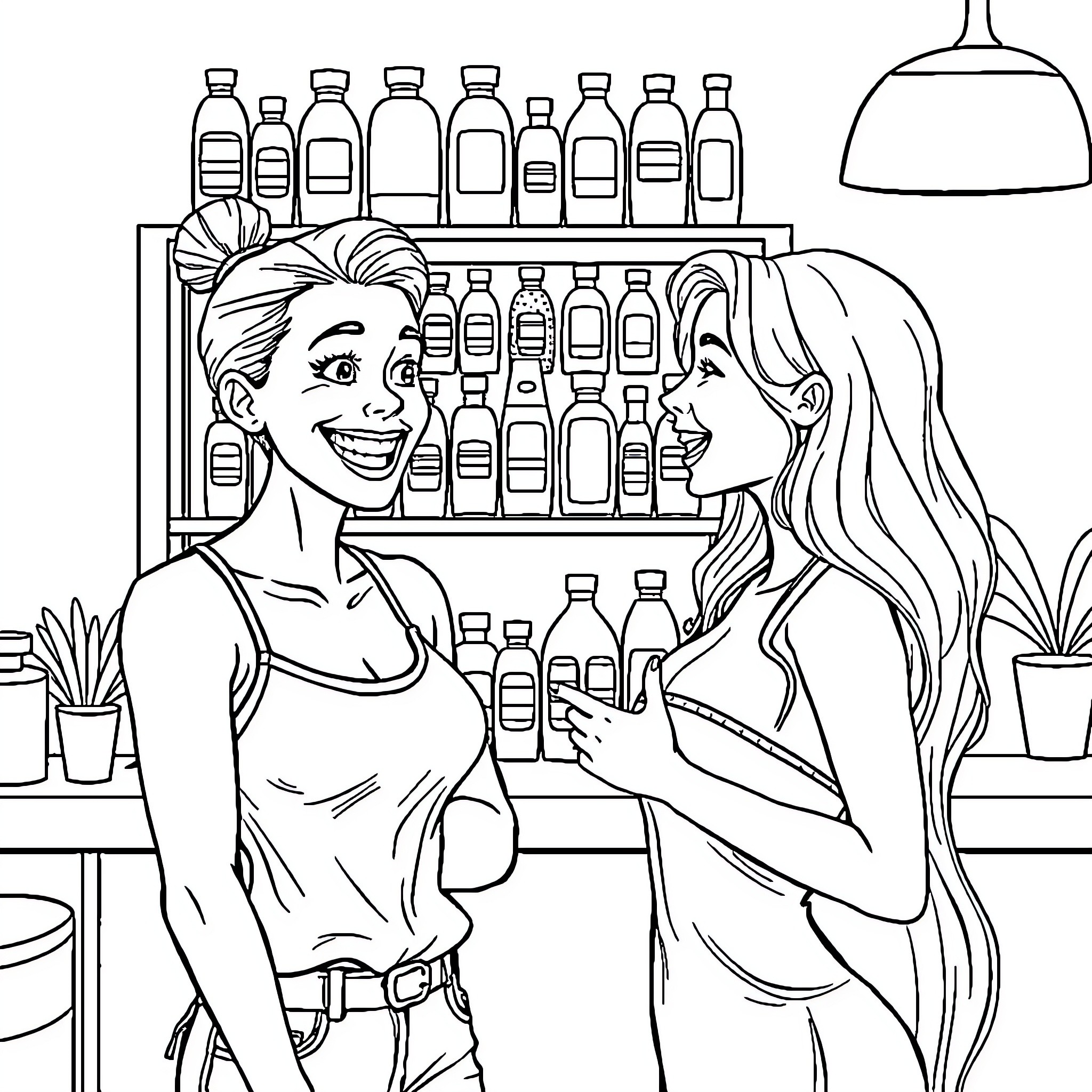 Tanning Salon Staff Assisting Customers Coloring Page (free black-and-white line drawing printable PDF for all, from beginners to advanced learners, including children, teens, adults, and seniors)