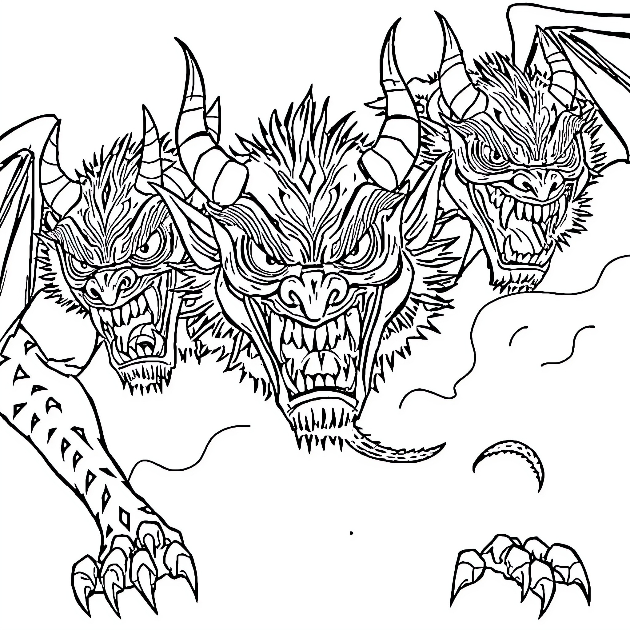 Japanese Demon Monsters with Fierce Expressions and Claws Coloring Page (free black-and-white line drawing printable PDF for all, from beginners to advanced learners, including children, teens, adults, and seniors)
