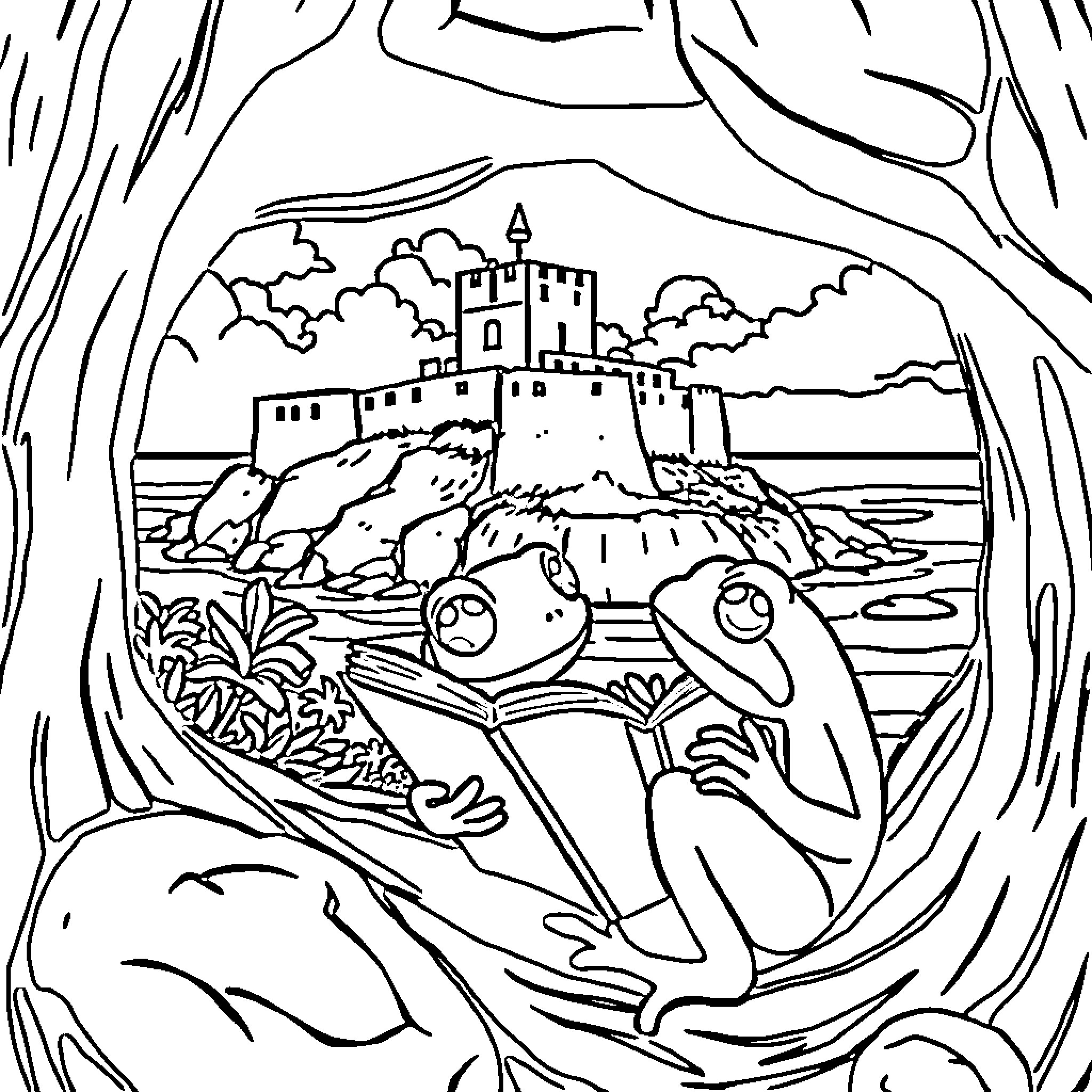 Coqui Frog Exploring Enchanting Castle Surroundings Coloring Page (free black-and-white line drawing printable PDF for all, from beginners to advanced learners, including children, teens, adults, and seniors)