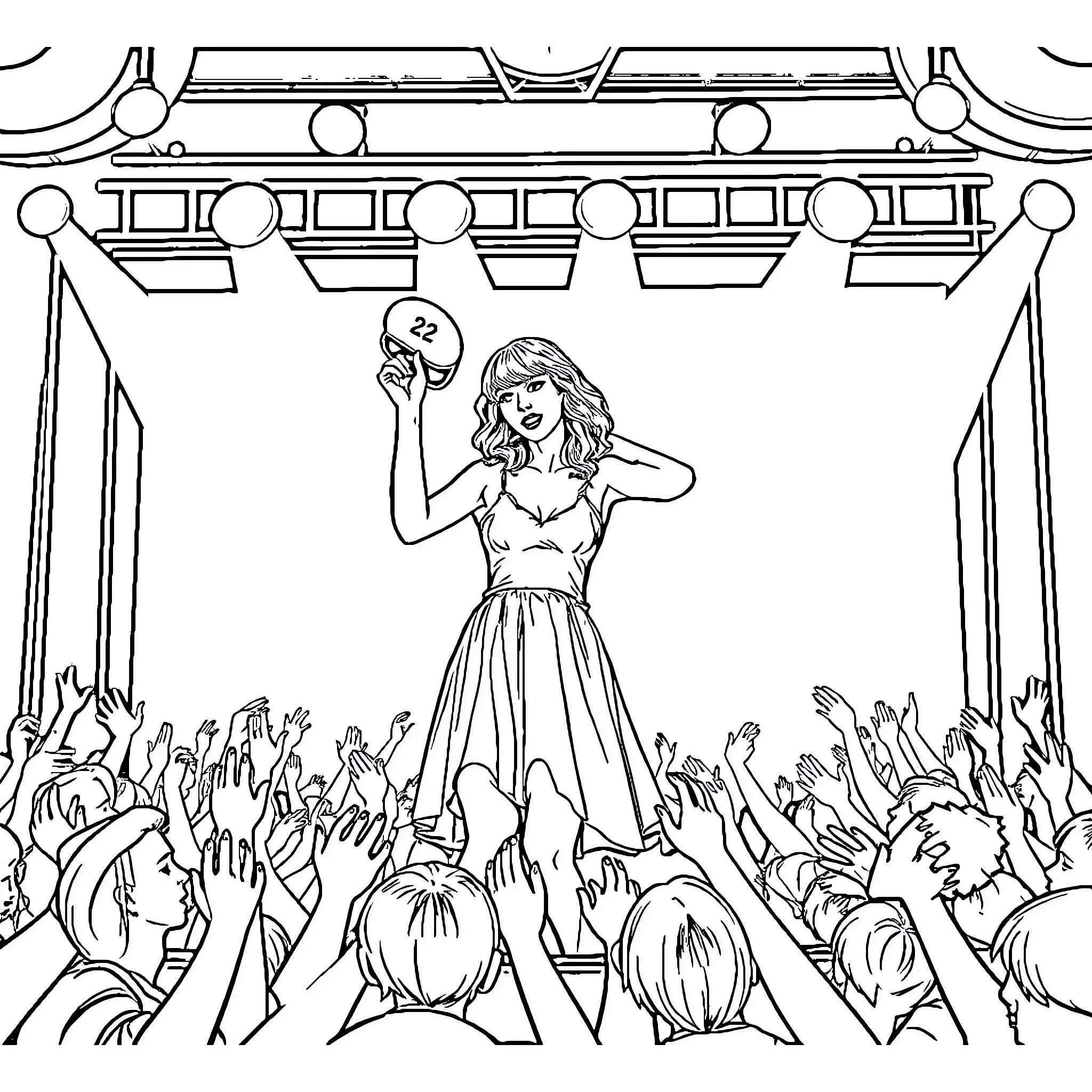 Taylor Swift's Energetic Performance on Stage Coloring Page (free black-and-white line drawing printable PDF for all, from beginners to advanced learners, including children, teens, adults, and seniors)