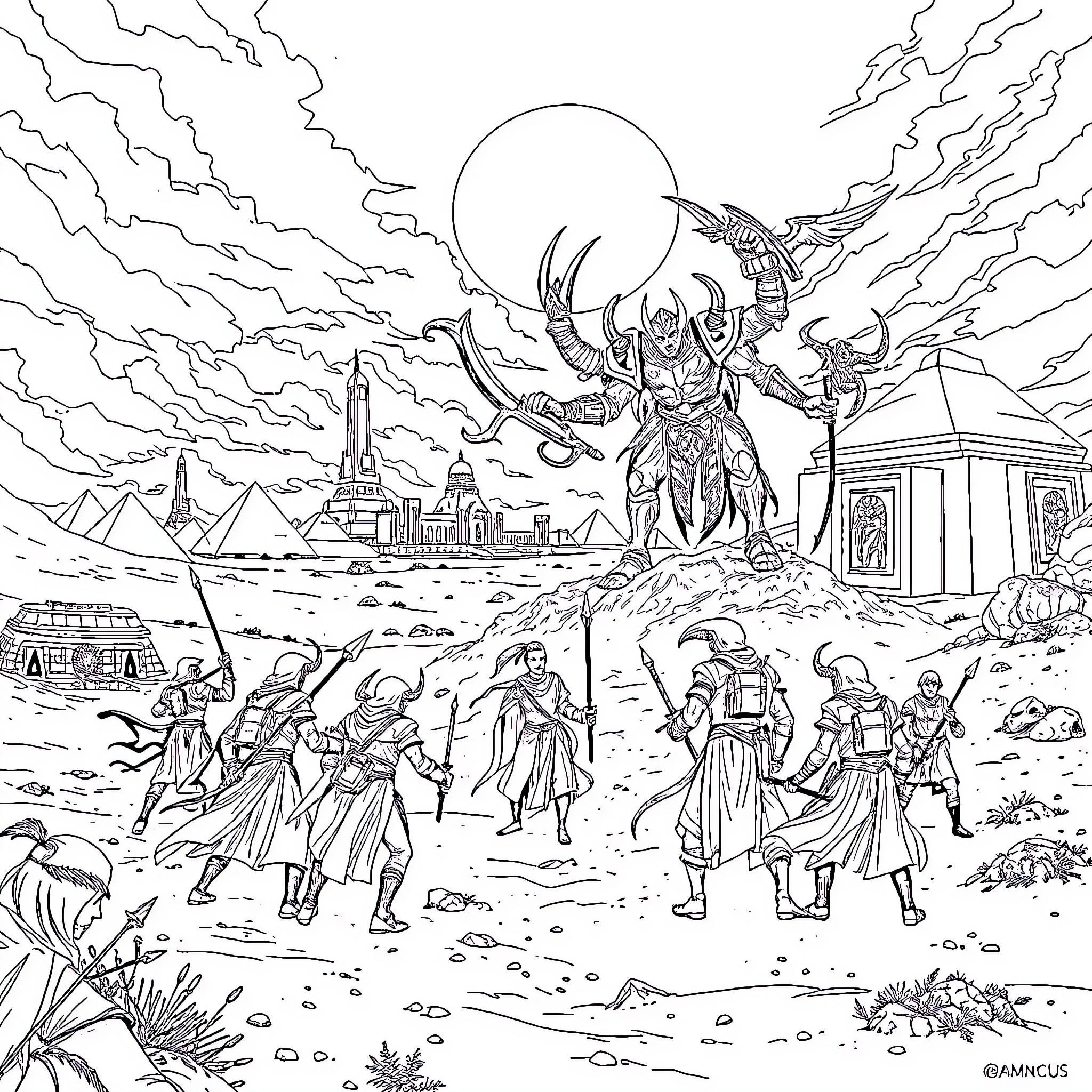 Gatewatch of warriors under ominous celestial being Coloring Page (free black-and-white line drawing printable PDF for all, from beginners to advanced learners, including children, teens, adults, and seniors)