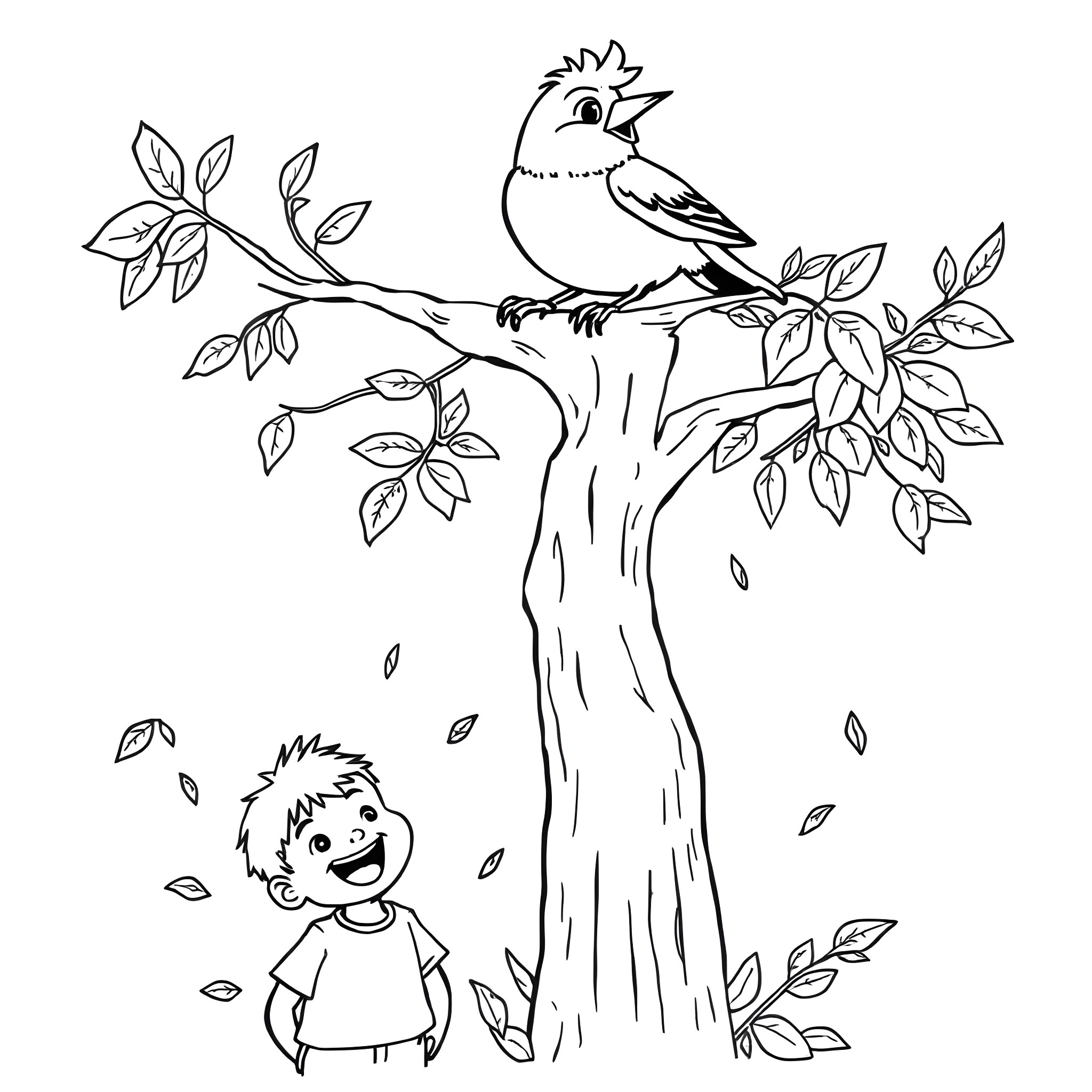 Bird perched on branch with child playing nearby Coloring Page (free black-and-white line drawing printable PDF for all, from beginners to advanced learners, including children, teens, adults, and seniors)