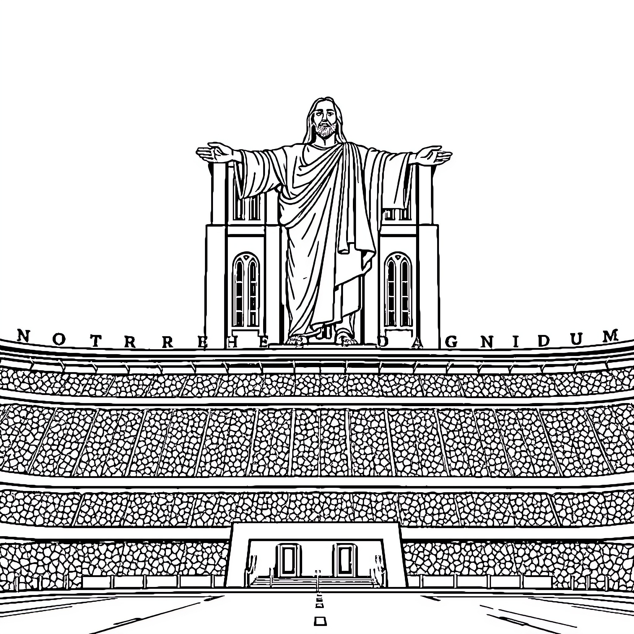 Notre-Dame cathedral with iconic statue and arched entrance Coloring Page (free black-and-white line drawing printable PDF for all, from beginners to advanced learners, including children, teens, adults, and seniors)