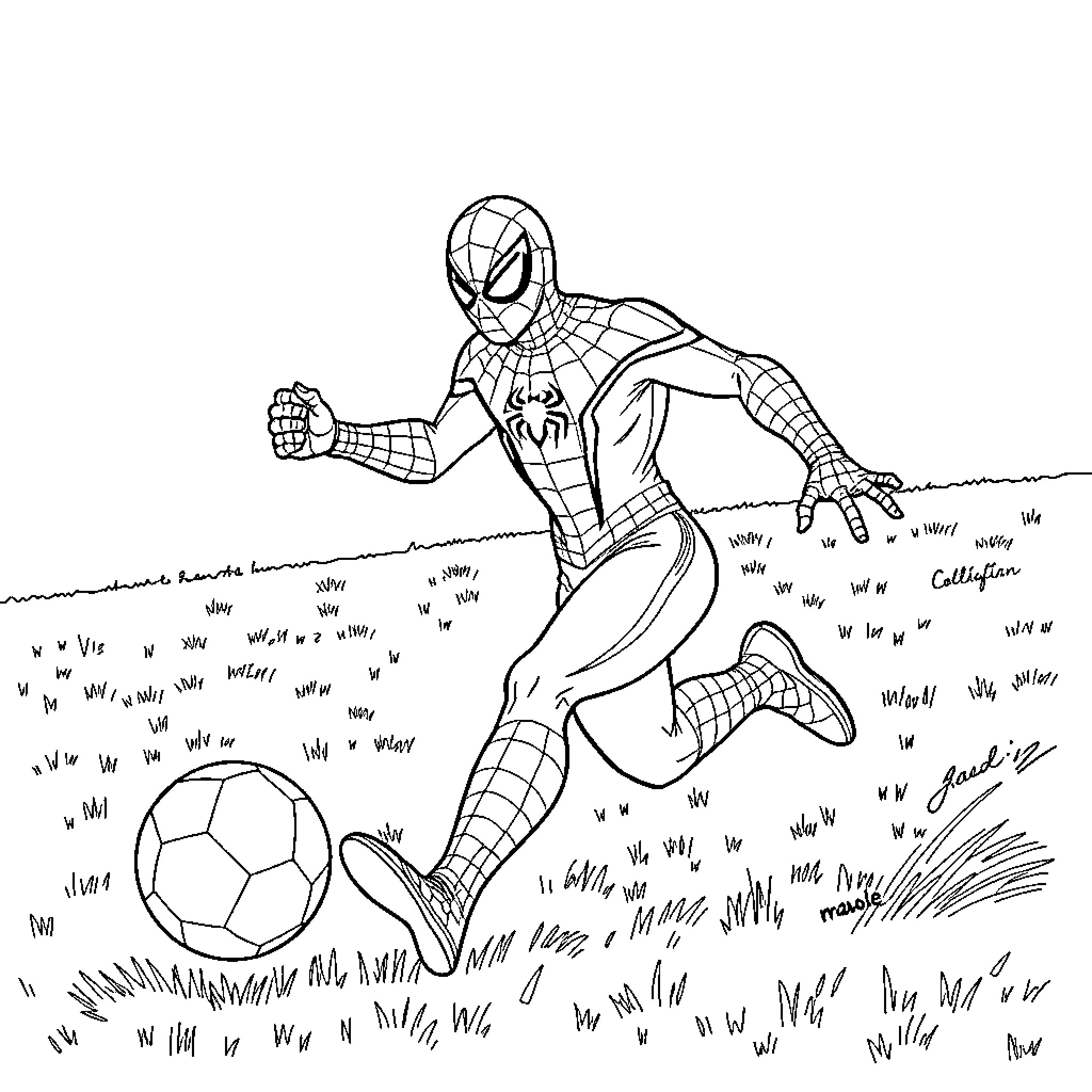 Spiderman playing soccer in the field Coloring Page (free black-and-white line drawing printable PDF for all, from beginners to advanced learners, including children, teens, adults, and seniors)