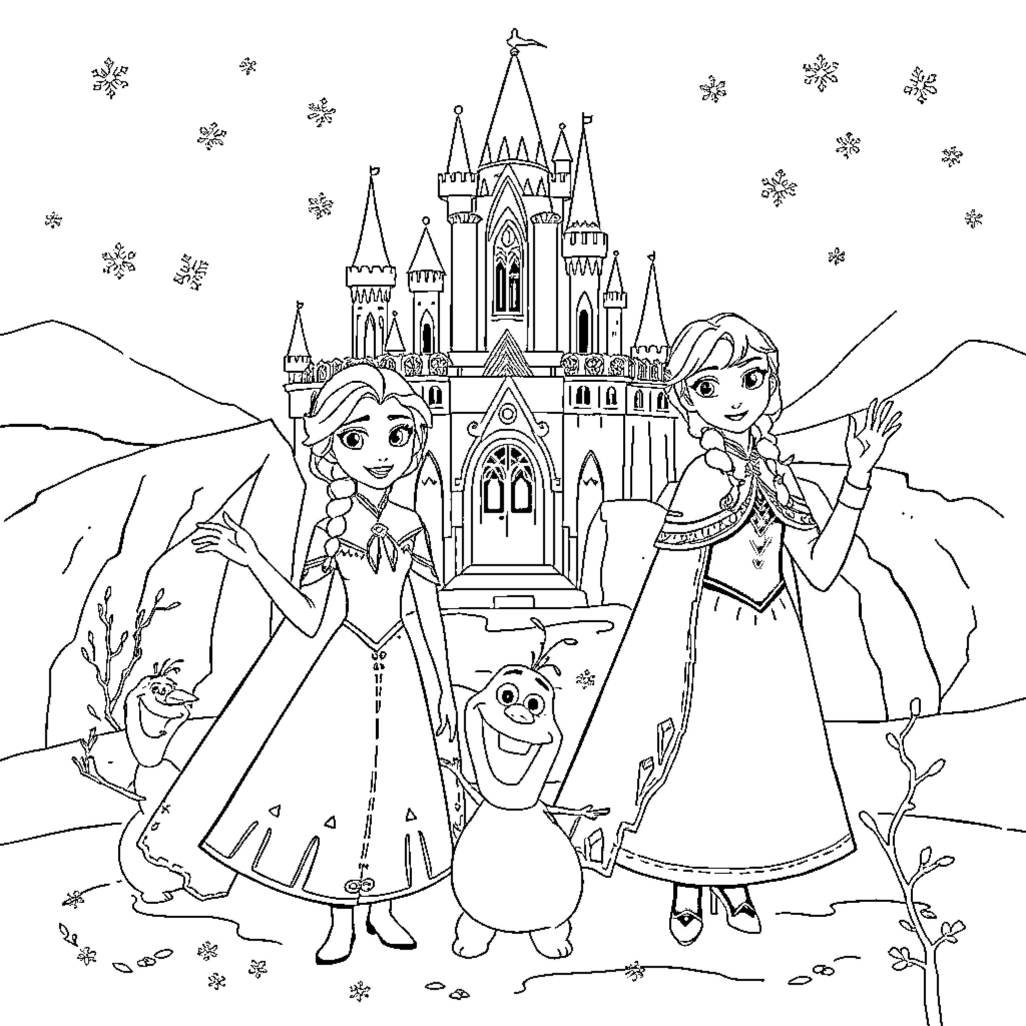 Frozen castle and characters in a winter wonderland Coloring Page (free black-and-white line drawing printable PDF for all, from beginners to advanced learners, including children, teens, adults, and seniors)