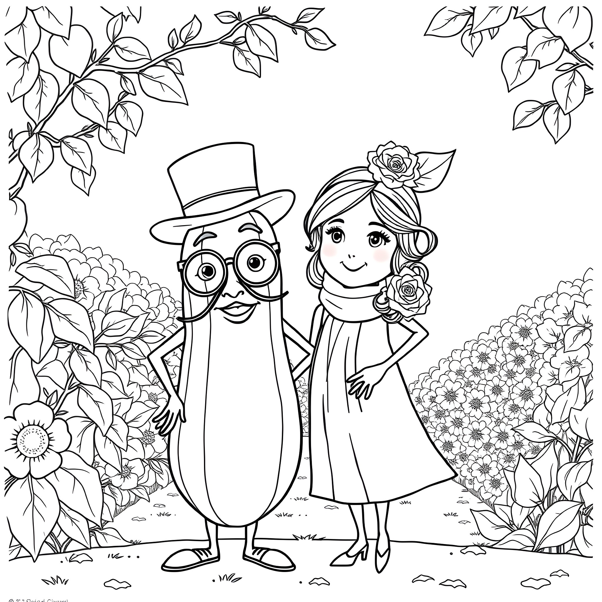 Peanut dressed couple posing in floral garden Coloring Page (free black-and-white line drawing printable PDF for all, from beginners to advanced learners, including children, teens, adults, and seniors)