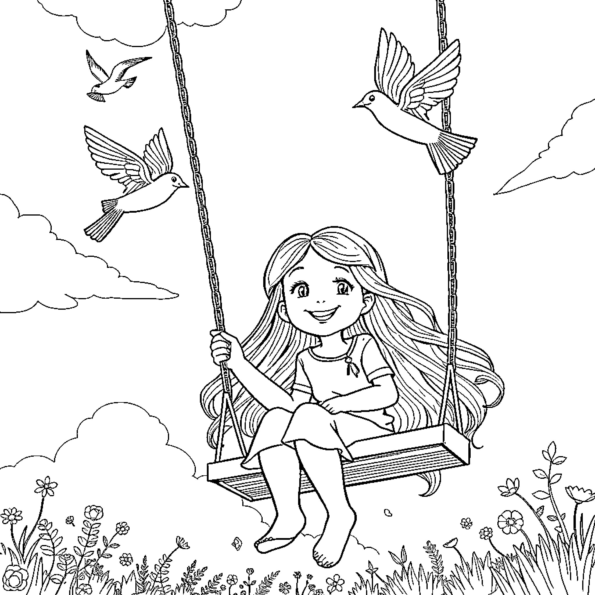 Girl swinging happily with birds in nature Coloring Page (free black-and-white line drawing printable PDF for all, from beginners to advanced learners, including children, teens, adults, and seniors)