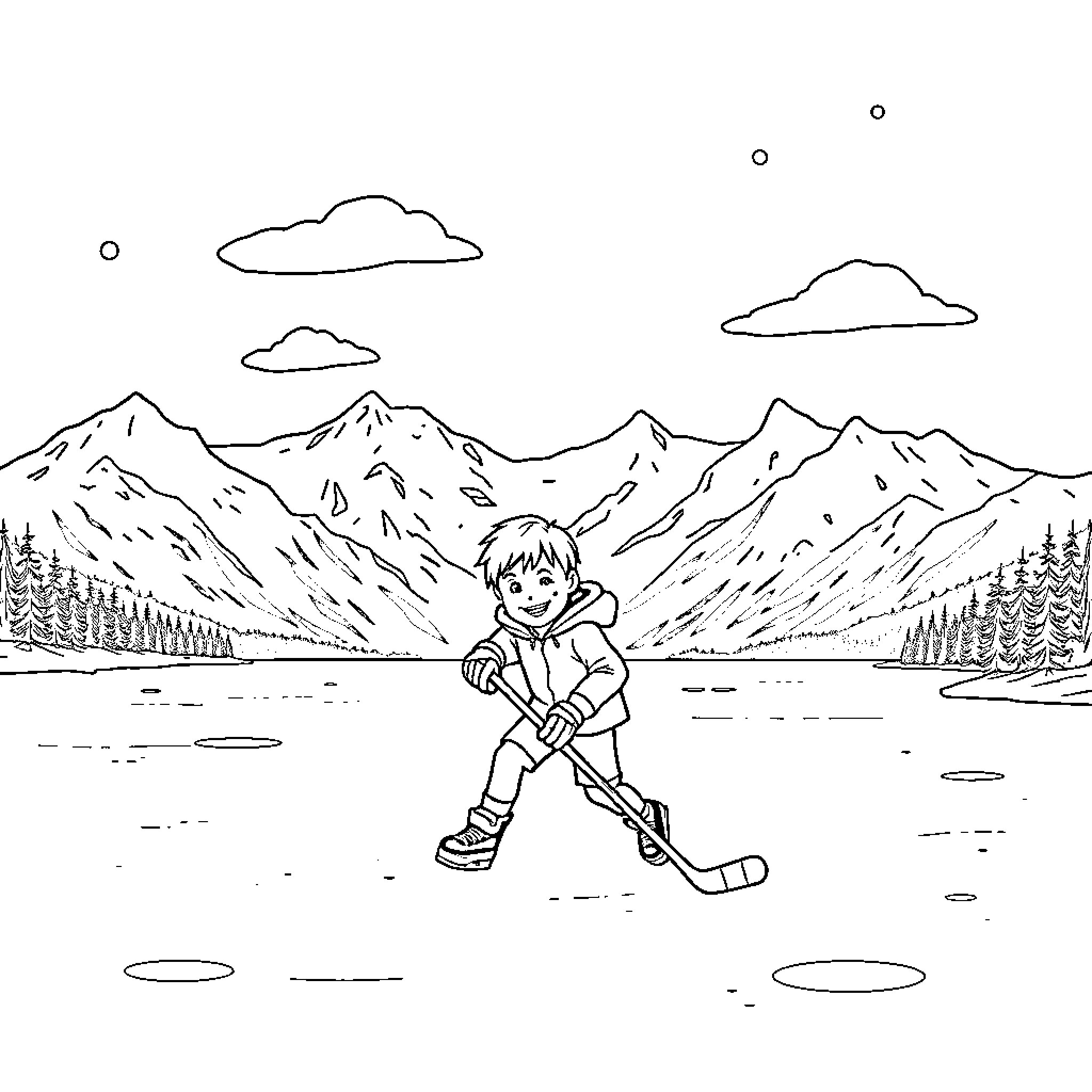 Kid playing hockey in the mountains Coloring Page (free black-and-white line drawing printable PDF for all, from beginners to advanced learners, including children, teens, adults, and seniors)
