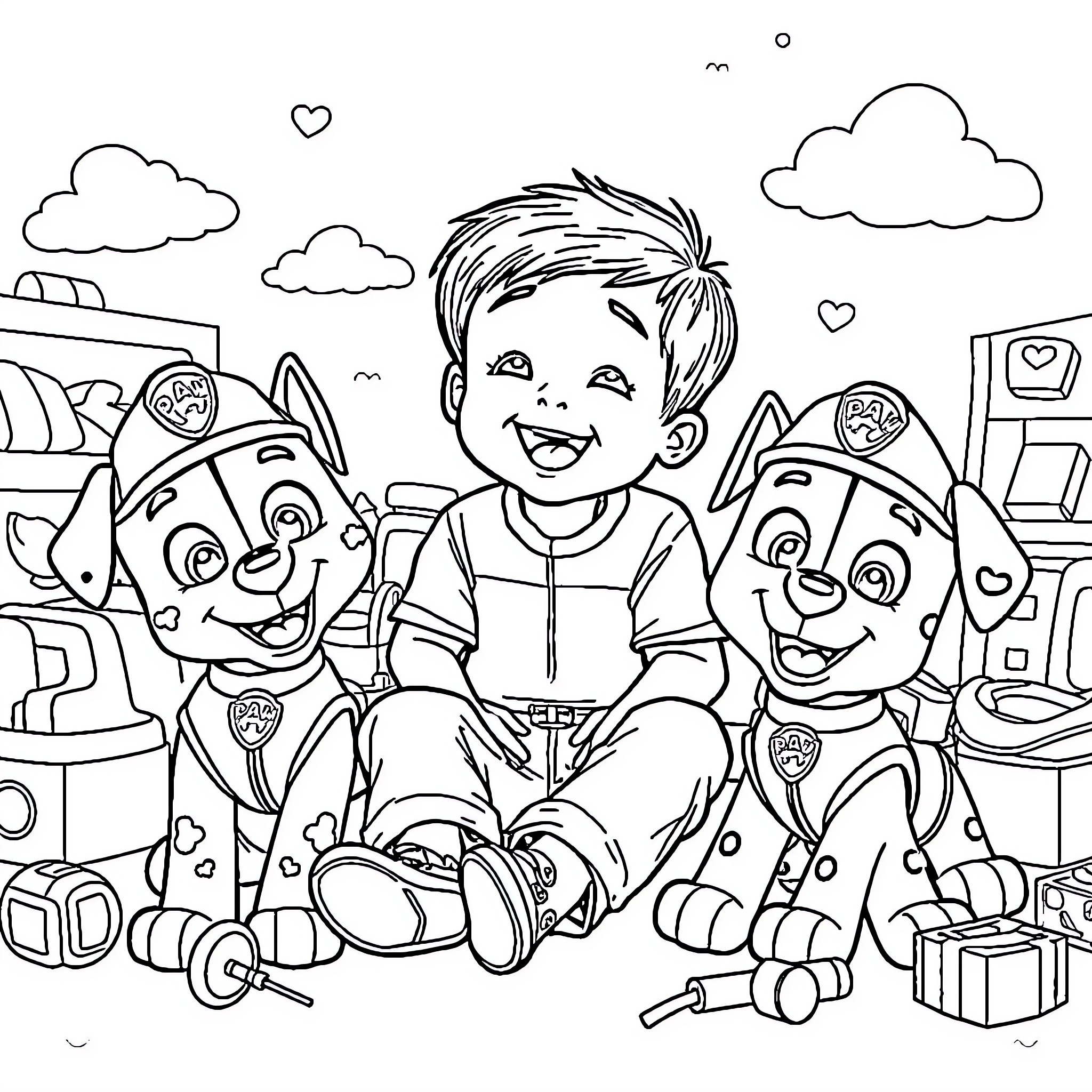 Boy playing joyfully with cartoon puppies Coloring Page (free black-and-white line drawing printable PDF for all, from beginners to advanced learners, including children, teens, adults, and seniors)