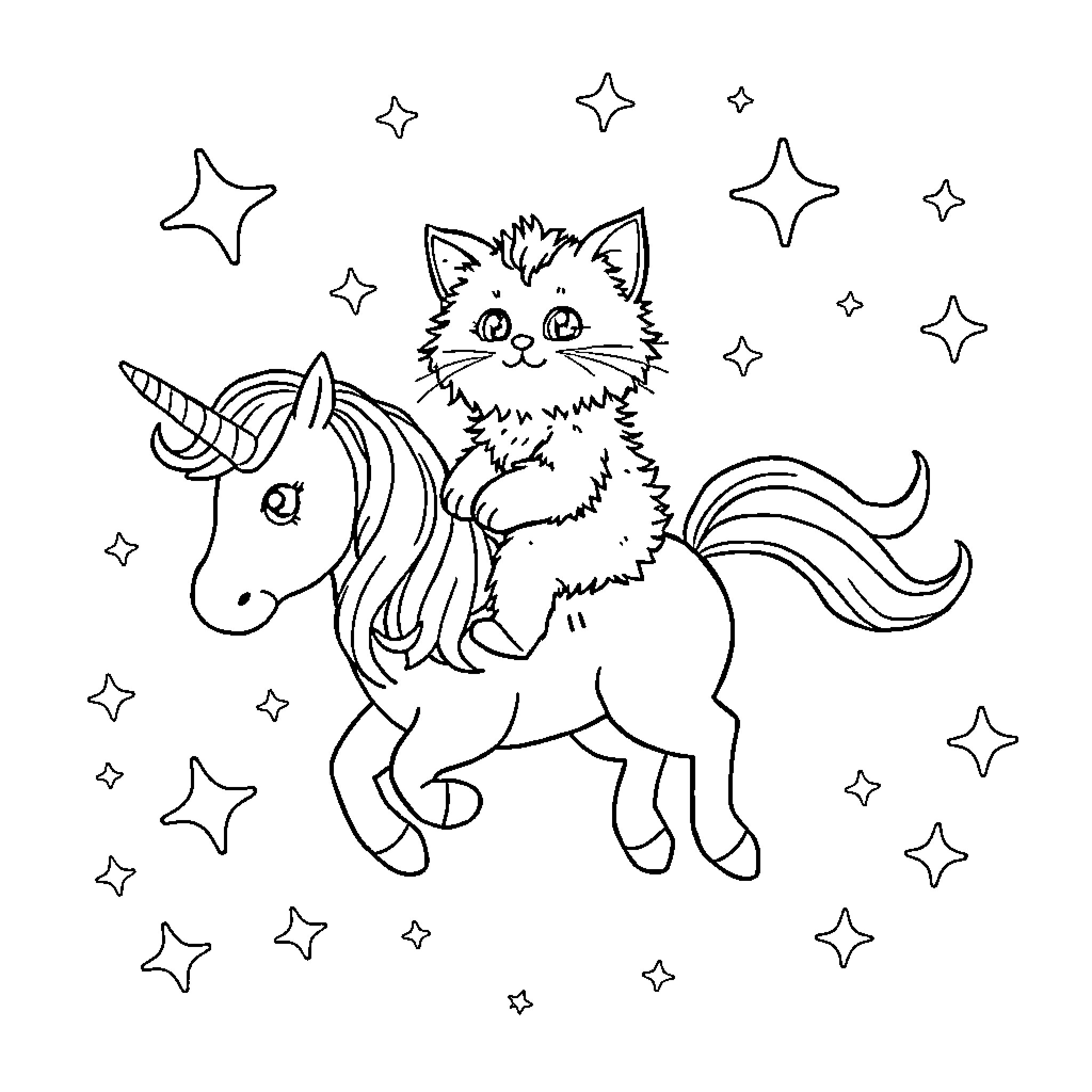 Kitty riding a magical unicorn with stars Coloring Page (free black-and-white line drawing printable PDF for all, from beginners to advanced learners, including children, teens, adults, and seniors)