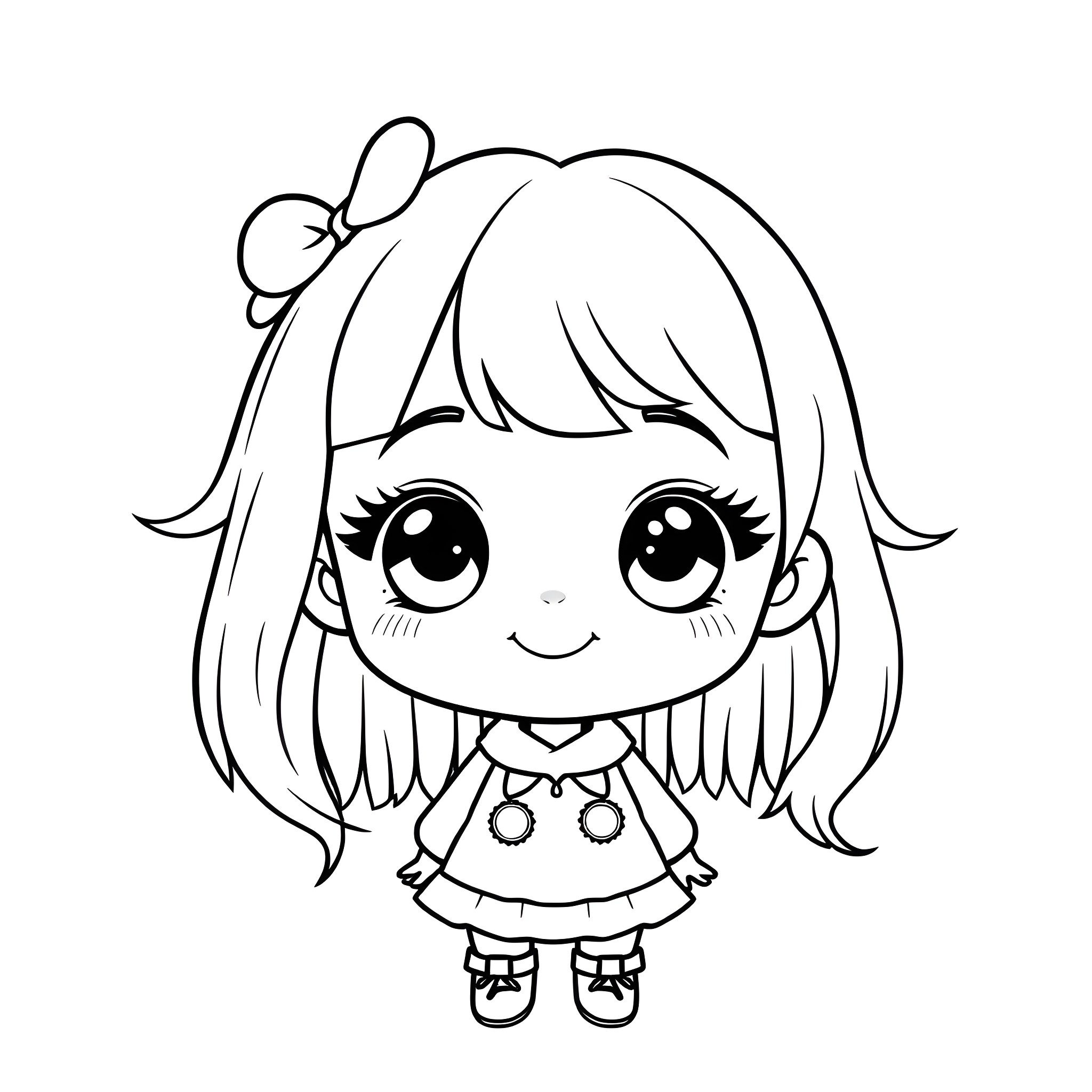 Girl with big eyes and bow in her hair Coloring Page (free black-and-white line drawing printable PDF for all, from beginners to advanced learners, including children, teens, adults, and seniors)