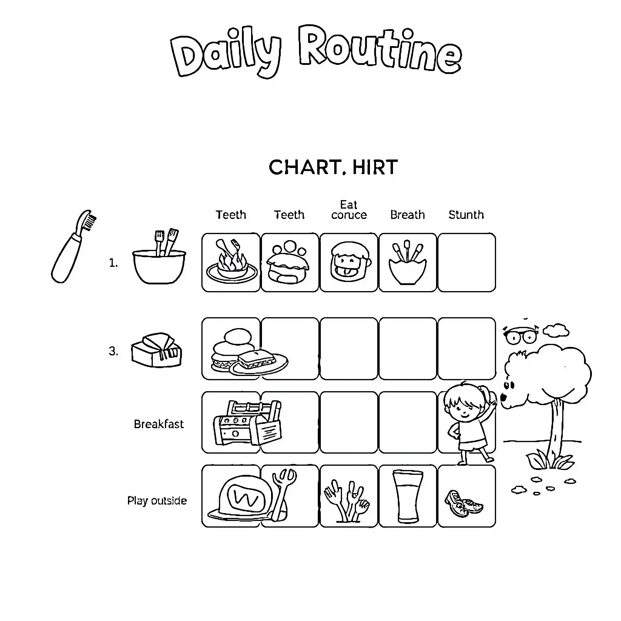 Kids' daily routine chart with activities Coloring Page (free black-and-white line drawing printable PDF for all, from beginners to advanced learners, including children, teens, adults, and seniors)