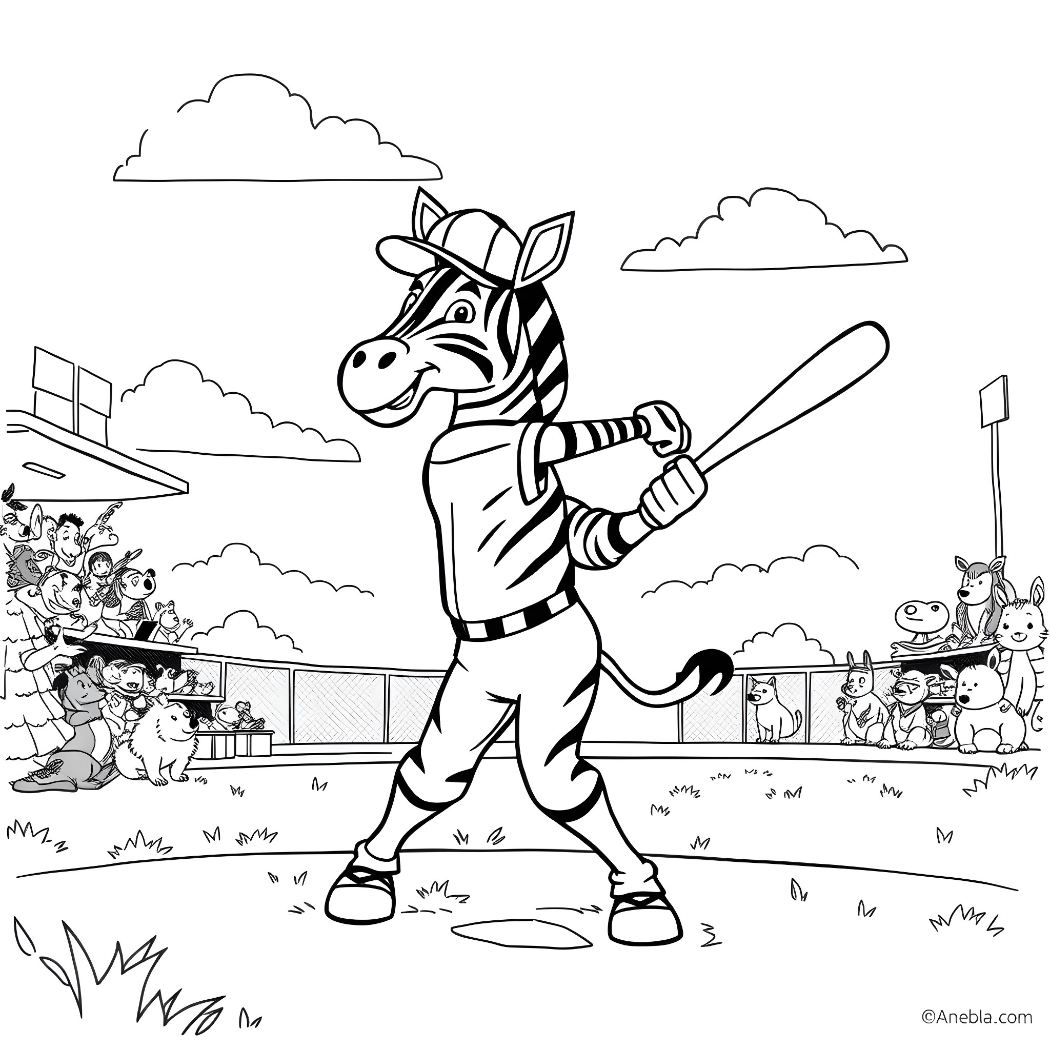 Zebra baseball player hitting a ball on the field Coloring Page (free black-and-white line drawing printable PDF for all, from beginners to advanced learners, including children, teens, adults, and seniors)