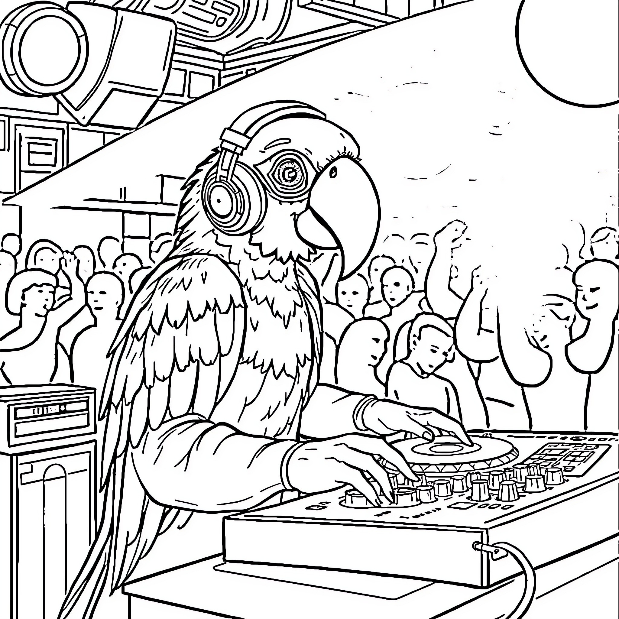 Parrot playing DJ in a lively music scene Coloring Page (free black-and-white line drawing printable PDF for all, from beginners to advanced learners, including children, teens, adults, and seniors)