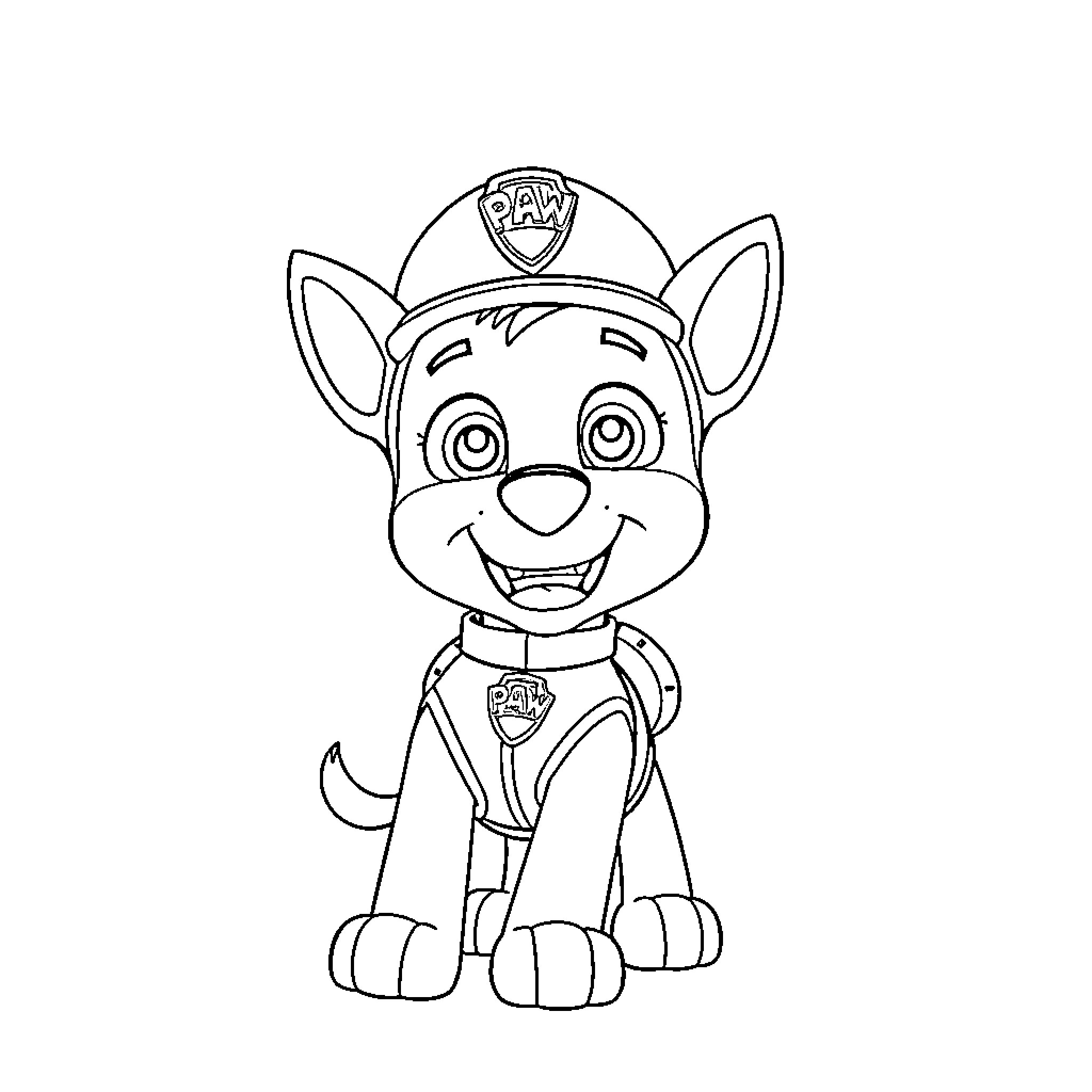 Ryder the Pup in His Uniform Coloring Page (free black-and-white line drawing printable PDF for all, from beginners to advanced learners, including children, teens, adults, and seniors)