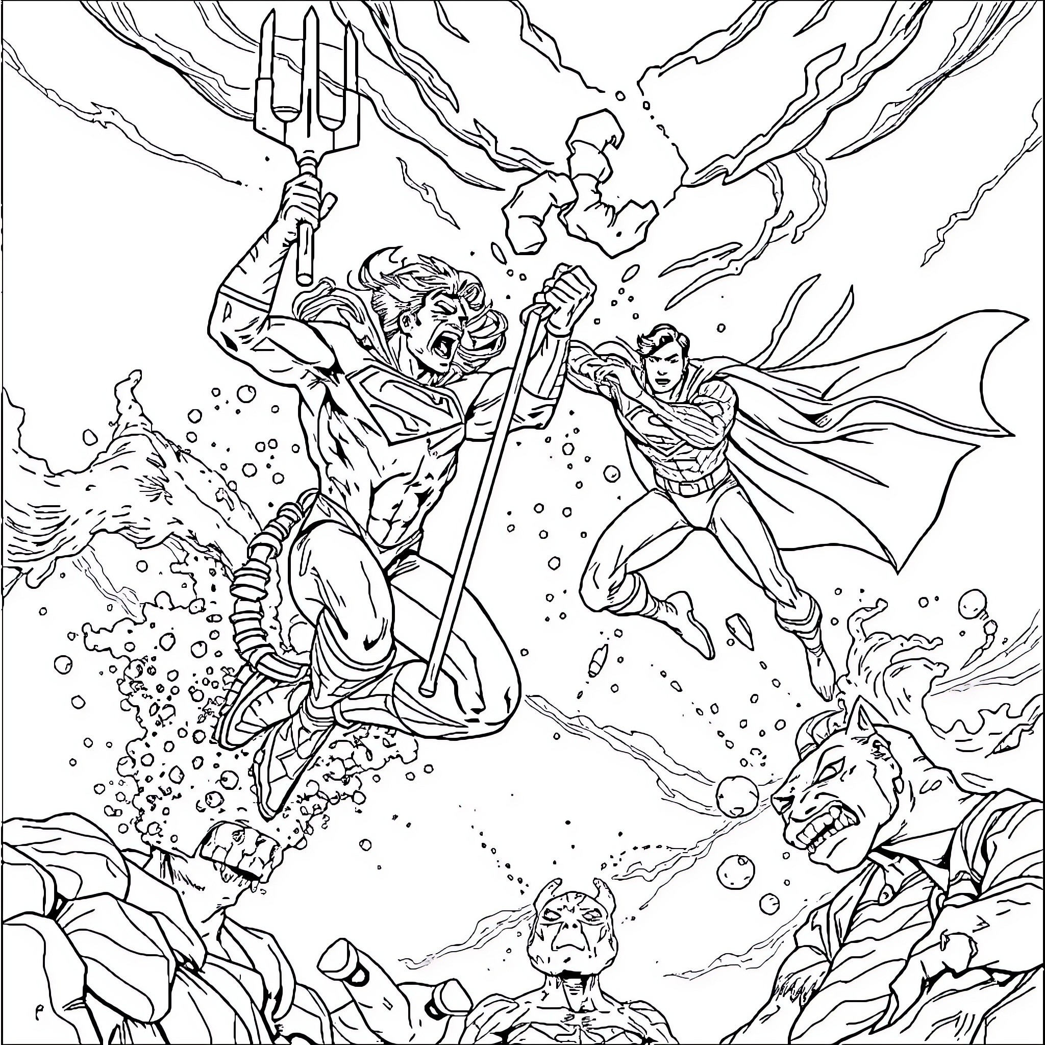 Aquaman battling underwater creatures in an epic underwater scene Coloring Page (free black-and-white line drawing printable PDF for all, from beginners to advanced learners, including children, teens, adults, and seniors)