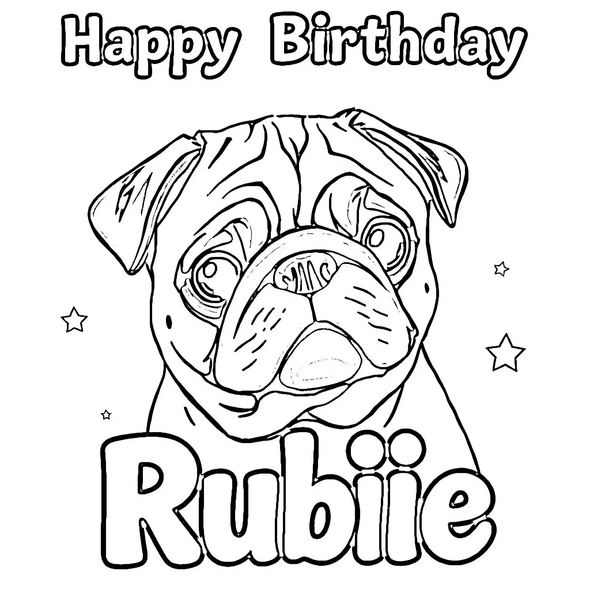 Pug Celebrating Happy Birthday with Text Coloring Page (free black-and-white line drawing printable PDF for all, from beginners to advanced learners, including children, teens, adults, and seniors)