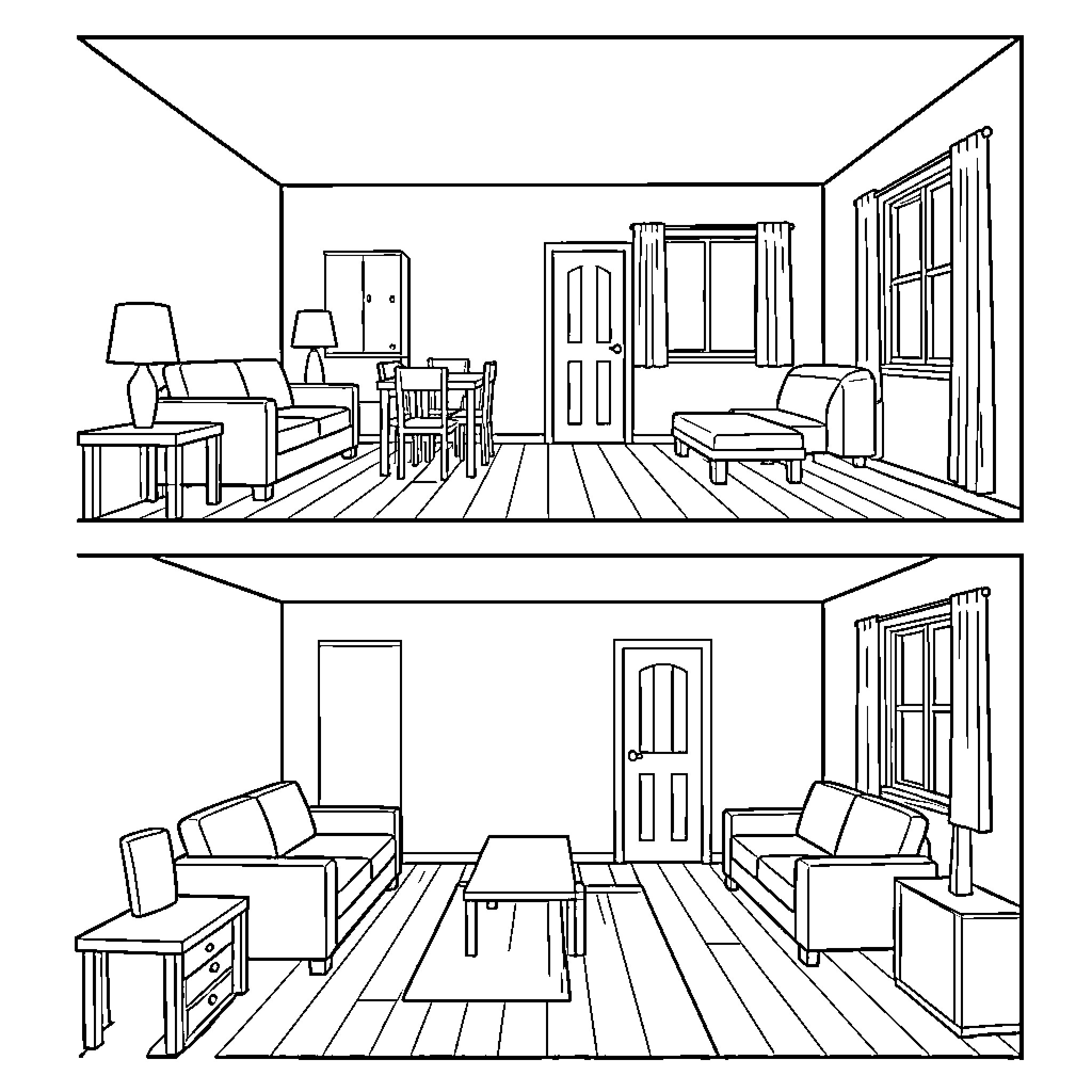 House interior scenes showing different living room layouts Coloring Page (free black-and-white line drawing printable PDF for all, from beginners to advanced learners, including children, teens, adults, and seniors)
