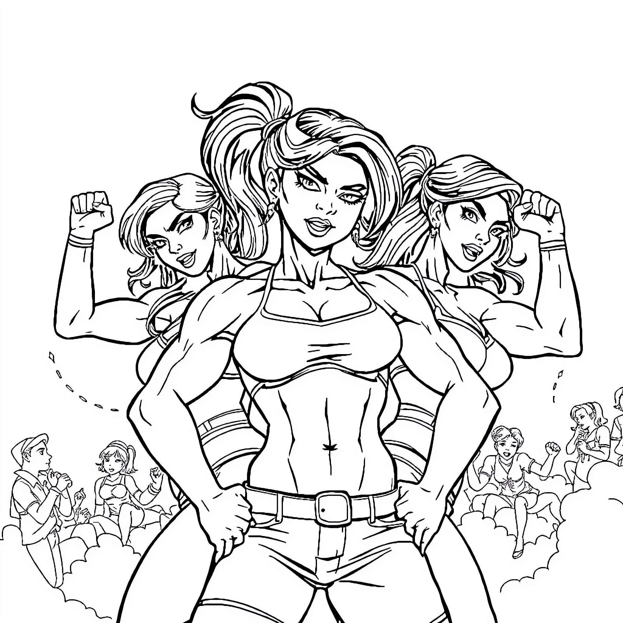 Muscle Girl Flexing in Front of Cheering Crowd Coloring Page (free black-and-white line drawing printable PDF for all, from beginners to advanced learners, including children, teens, adults, and seniors)