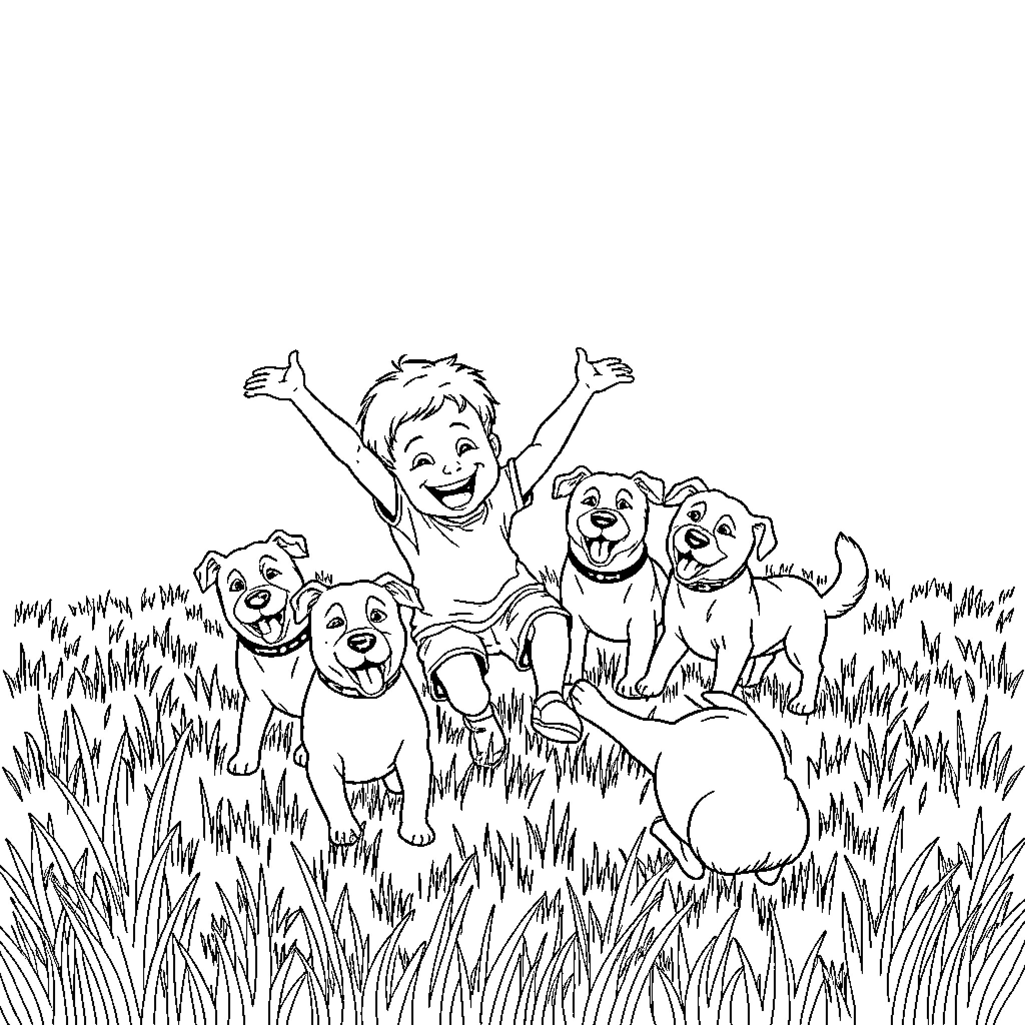 Boy joyfully playing with happy puppies in the field Coloring Page (free black-and-white line drawing printable PDF for all, from beginners to advanced learners, including children, teens, adults, and seniors)