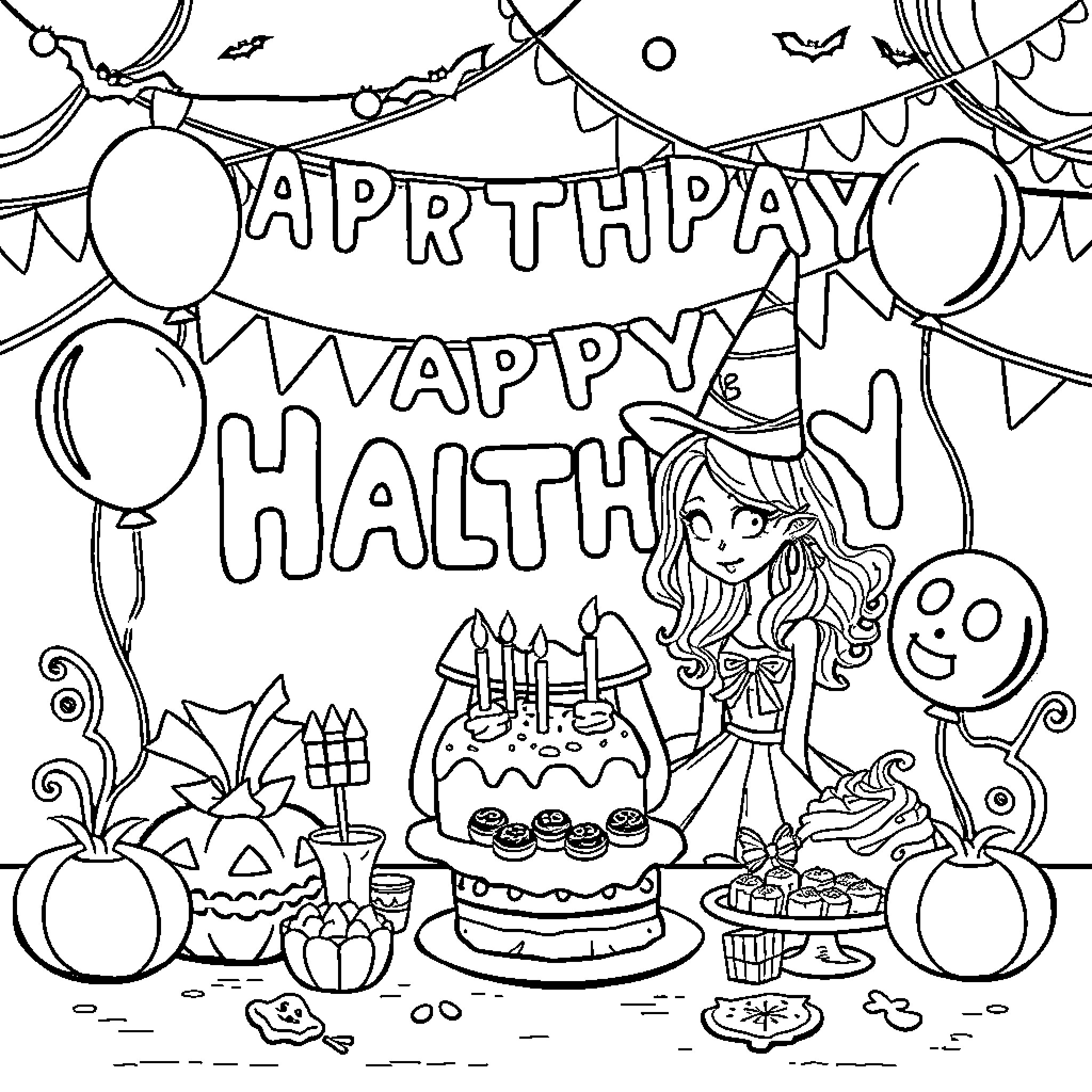 Halloween Party with Festive Decorations and Cake Coloring Page (free black-and-white line drawing printable PDF for all, from beginners to advanced learners, including children, teens, adults, and seniors)