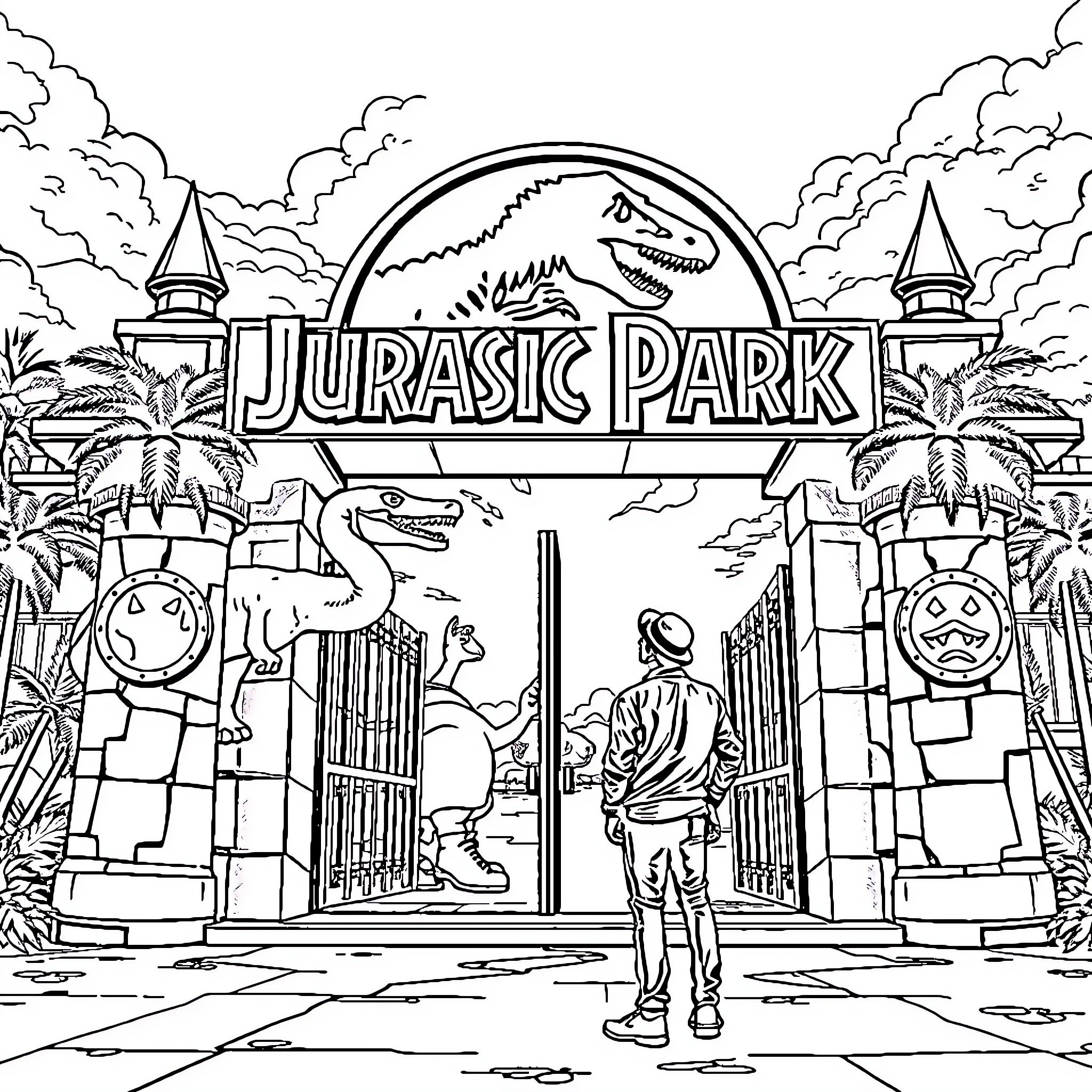 Michael Jackson's Jurassic Park Adventure Coloring Page (free black-and-white line drawing printable PDF for all, from beginners to advanced learners, including children, teens, adults, and seniors)