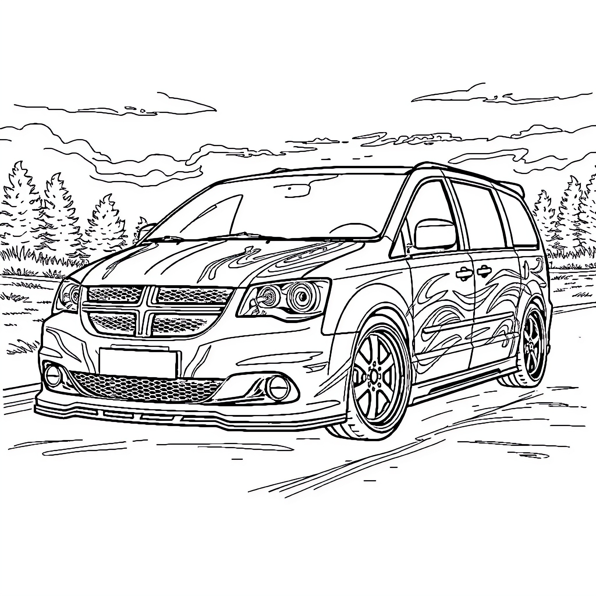 Dodge Caravan in Outdoor Adventure Scene Coloring Page (free black-and-white line drawing printable PDF for all, from beginners to advanced learners, including children, teens, adults, and seniors)