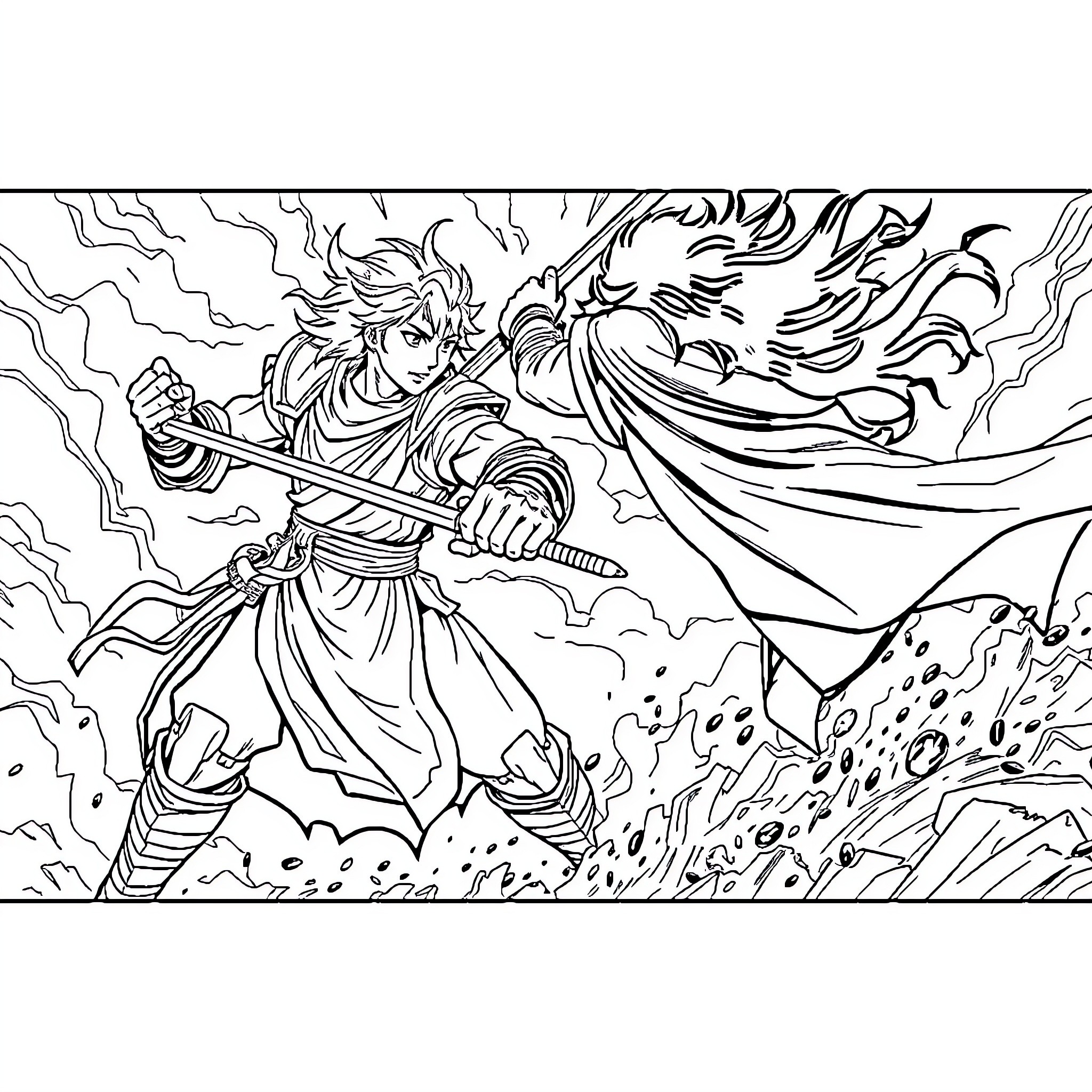 Magin Warriors Clashing in Epic Battle Coloring Page (free black-and-white line drawing printable PDF for all, from beginners to advanced learners, including children, teens, adults, and seniors)