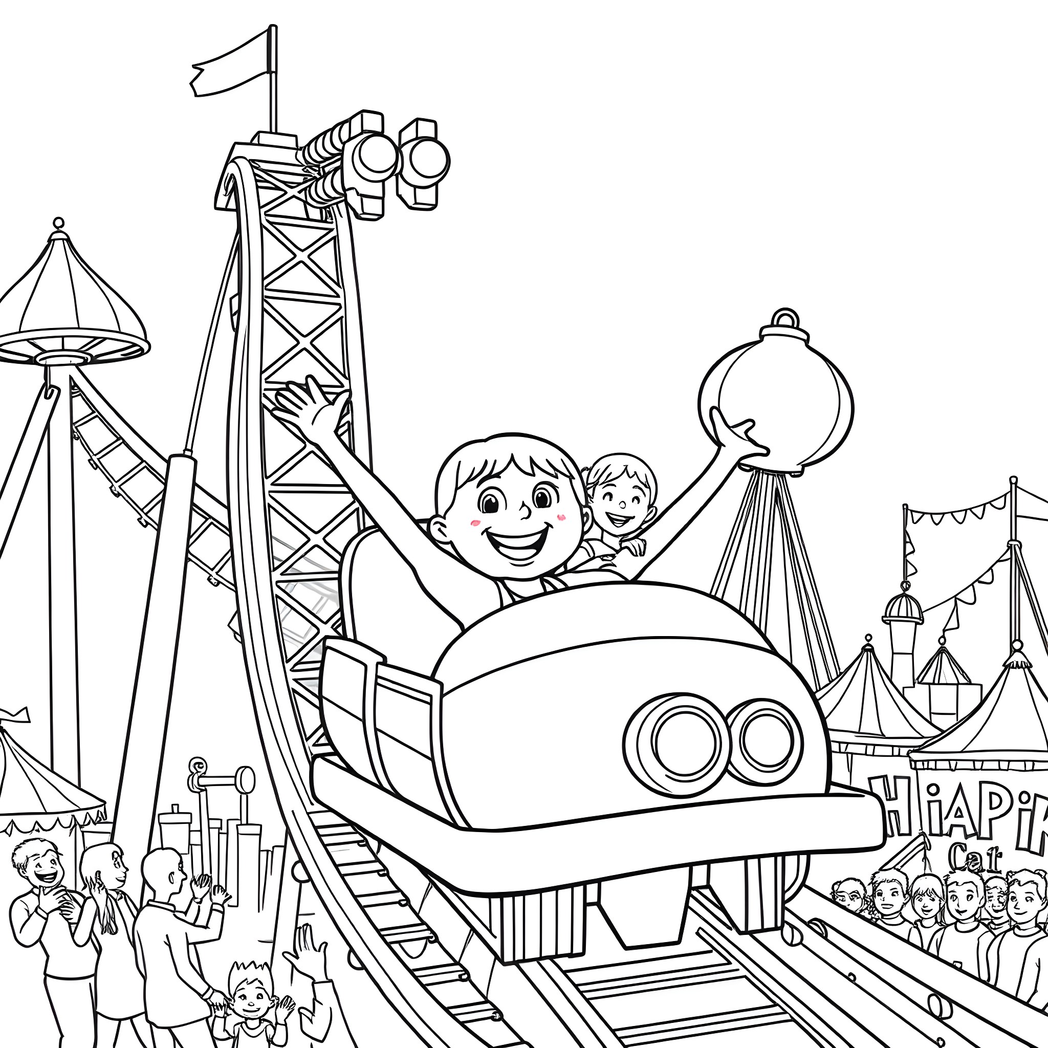 Blippi enjoying an amusement park ride with a friend Coloring Page (free black-and-white line drawing printable PDF for all, from beginners to advanced learners, including children, teens, adults, and seniors)